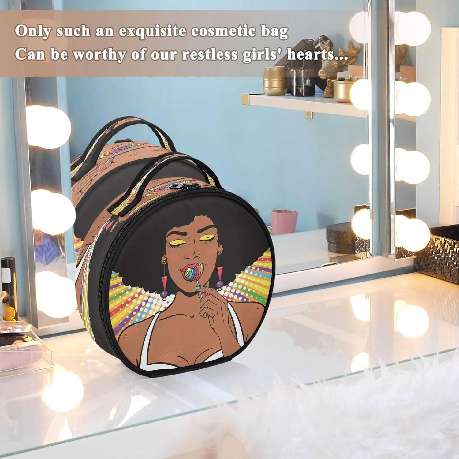 ALAZA African American Woman with Afro Hair Portable Cosmetic Bag Large Capacity Travel Makeup Case Organizer
