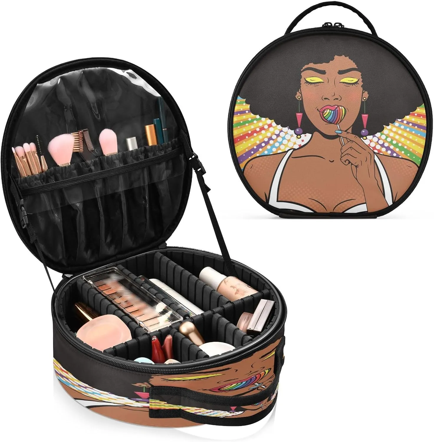 ALAZA African American Woman with Afro Hair Portable Cosmetic Bag Large Capacity Travel Makeup Case Organizer