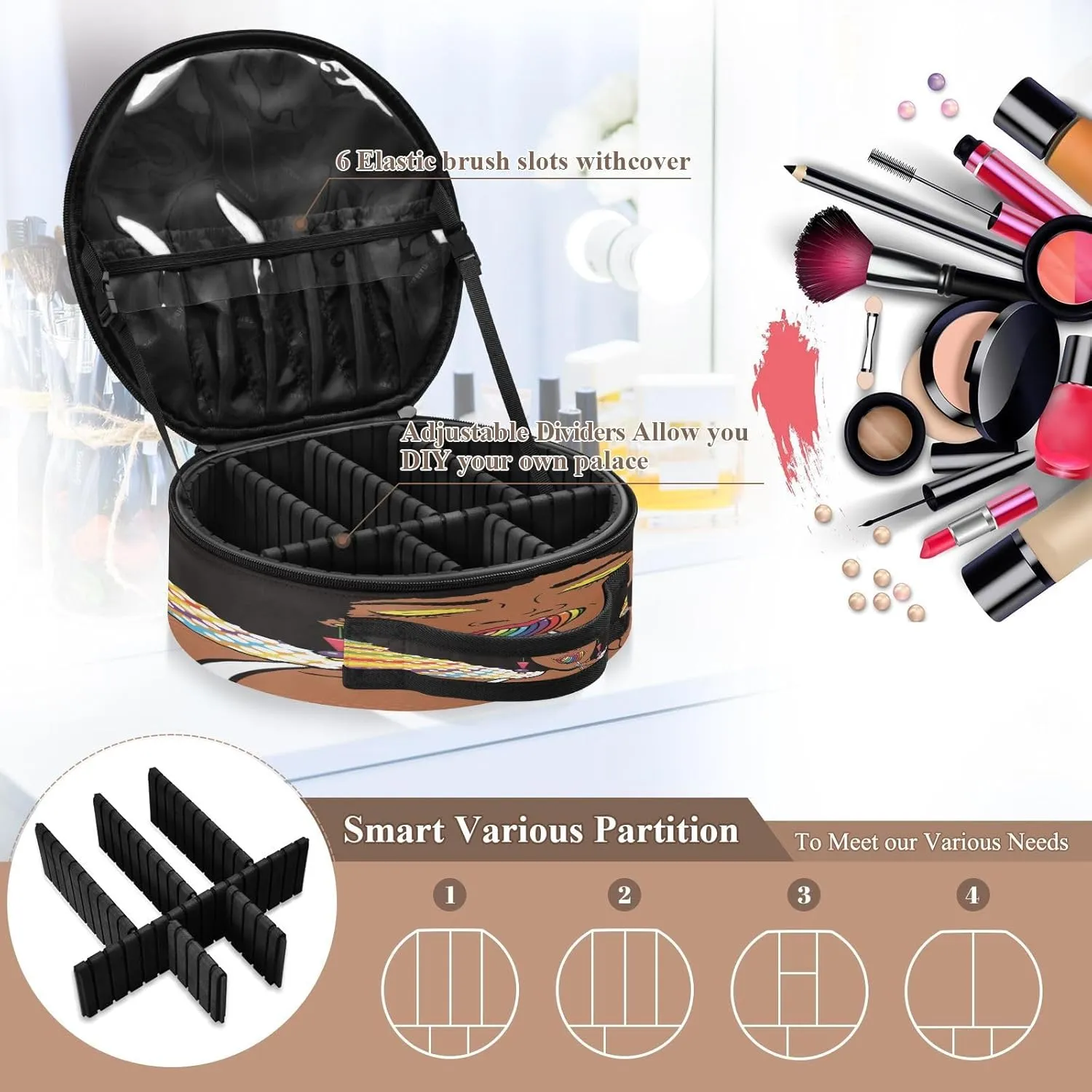 ALAZA African American Woman with Afro Hair Portable Cosmetic Bag Large Capacity Travel Makeup Case Organizer