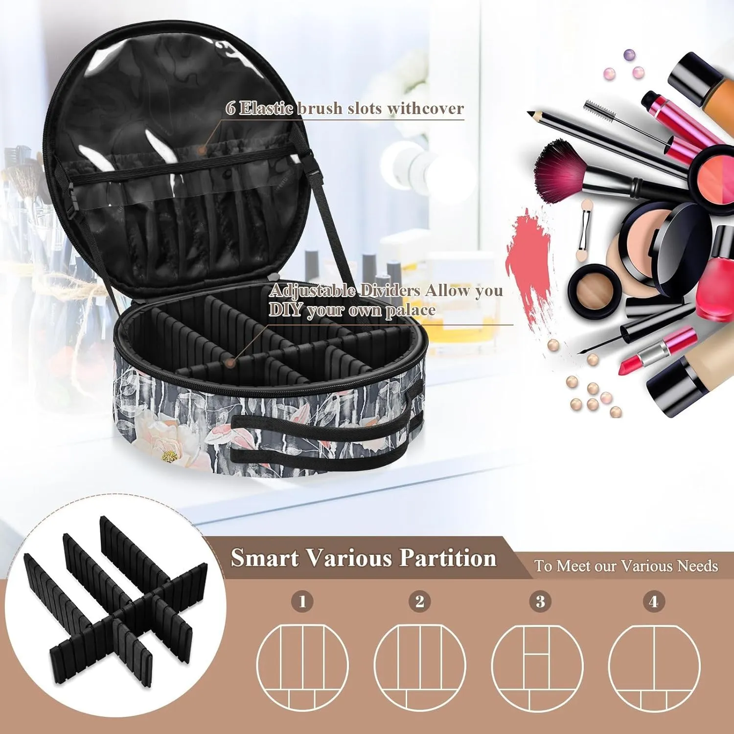 ALAZA Flowers and Leaves Travel Cosmetic Organizer Make up Organizer Toiletry Bag