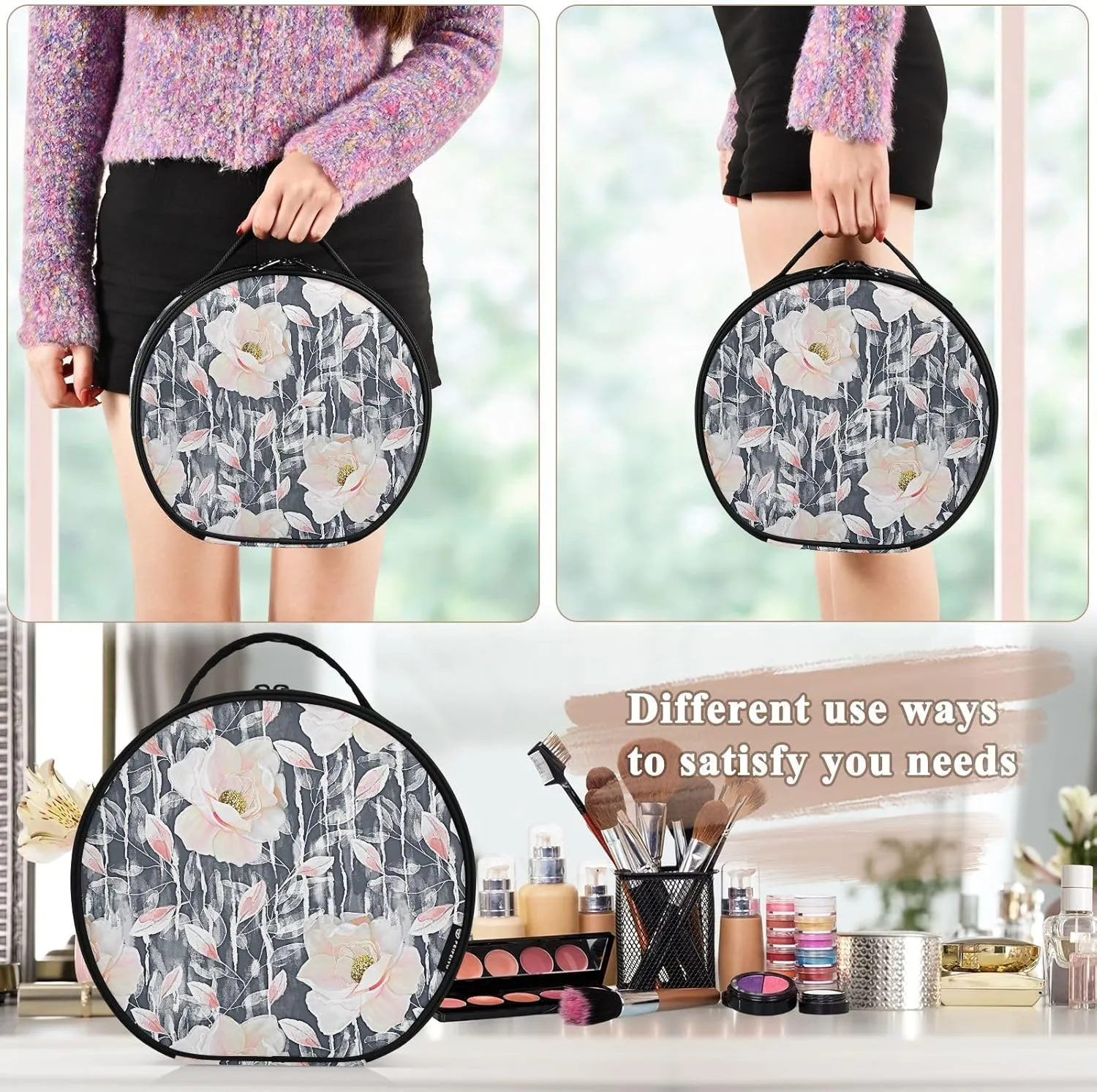 ALAZA Flowers and Leaves Travel Cosmetic Organizer Make up Organizer Toiletry Bag