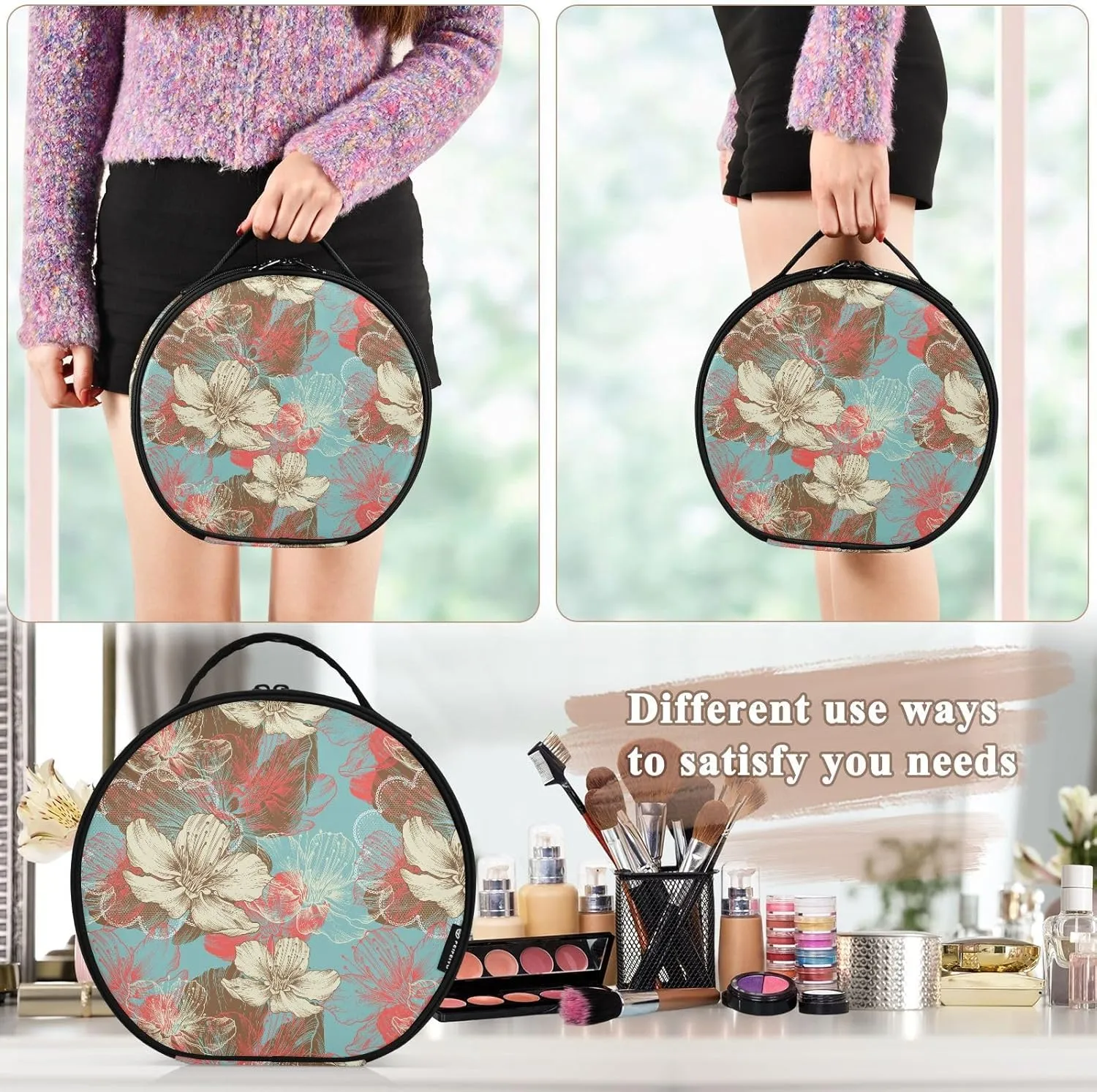 ALAZA Flowers Retro Travel Makeup Organizer for Jewelry Digital Accessories