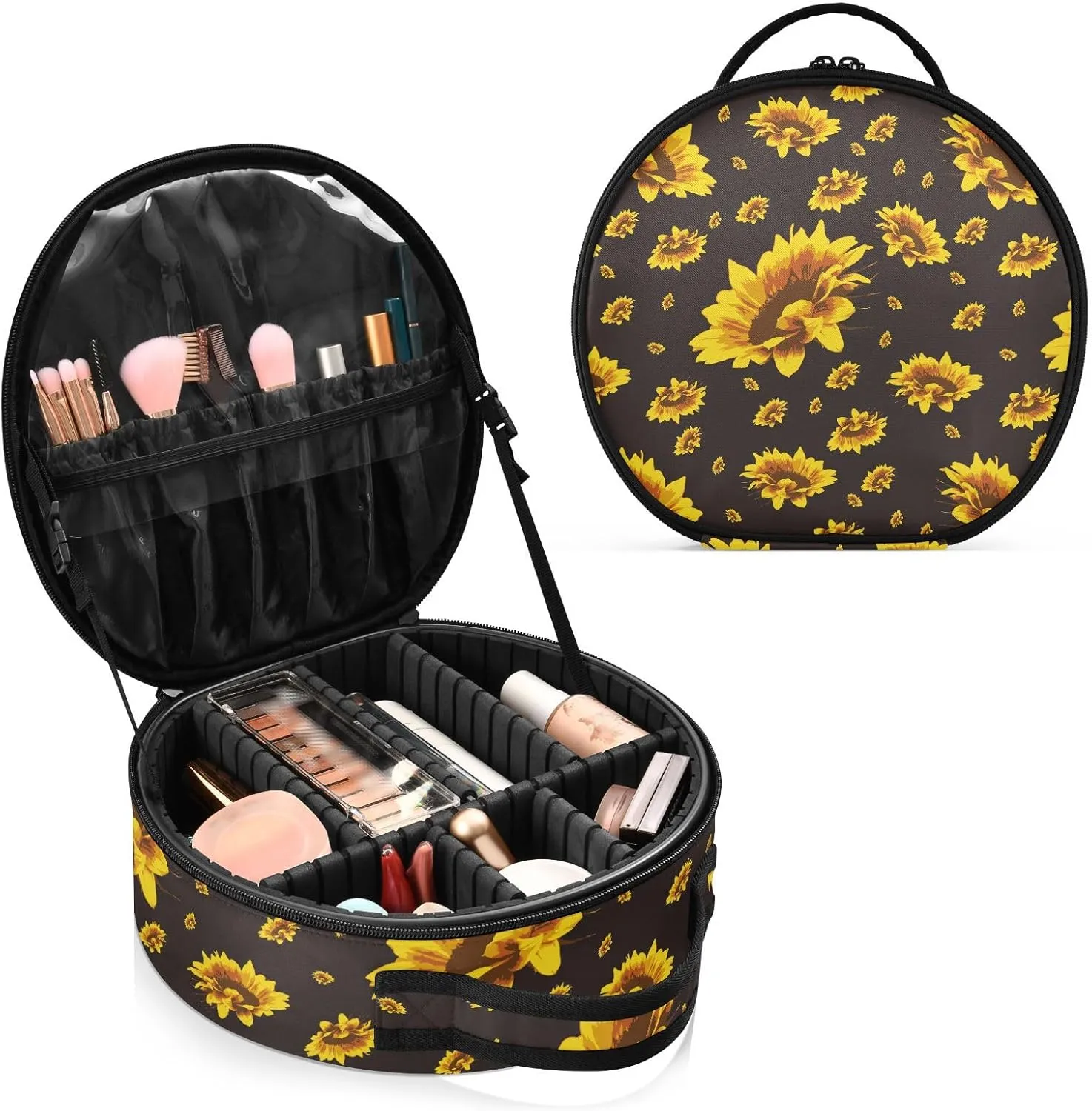 ALAZA Golden Yellow Sunflowers on A Black Travel Cosmetic Organizer Make up Organizer Toiletry Bag