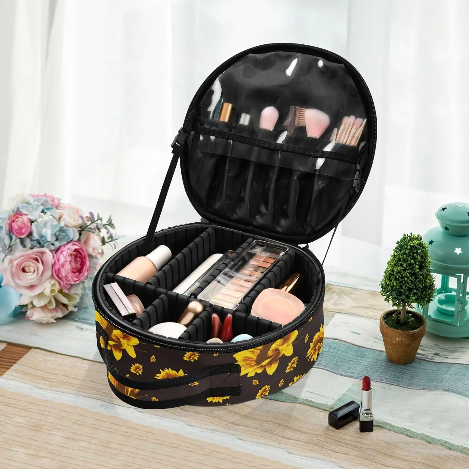 ALAZA Golden Yellow Sunflowers on A Black Travel Cosmetic Organizer Make up Organizer Toiletry Bag