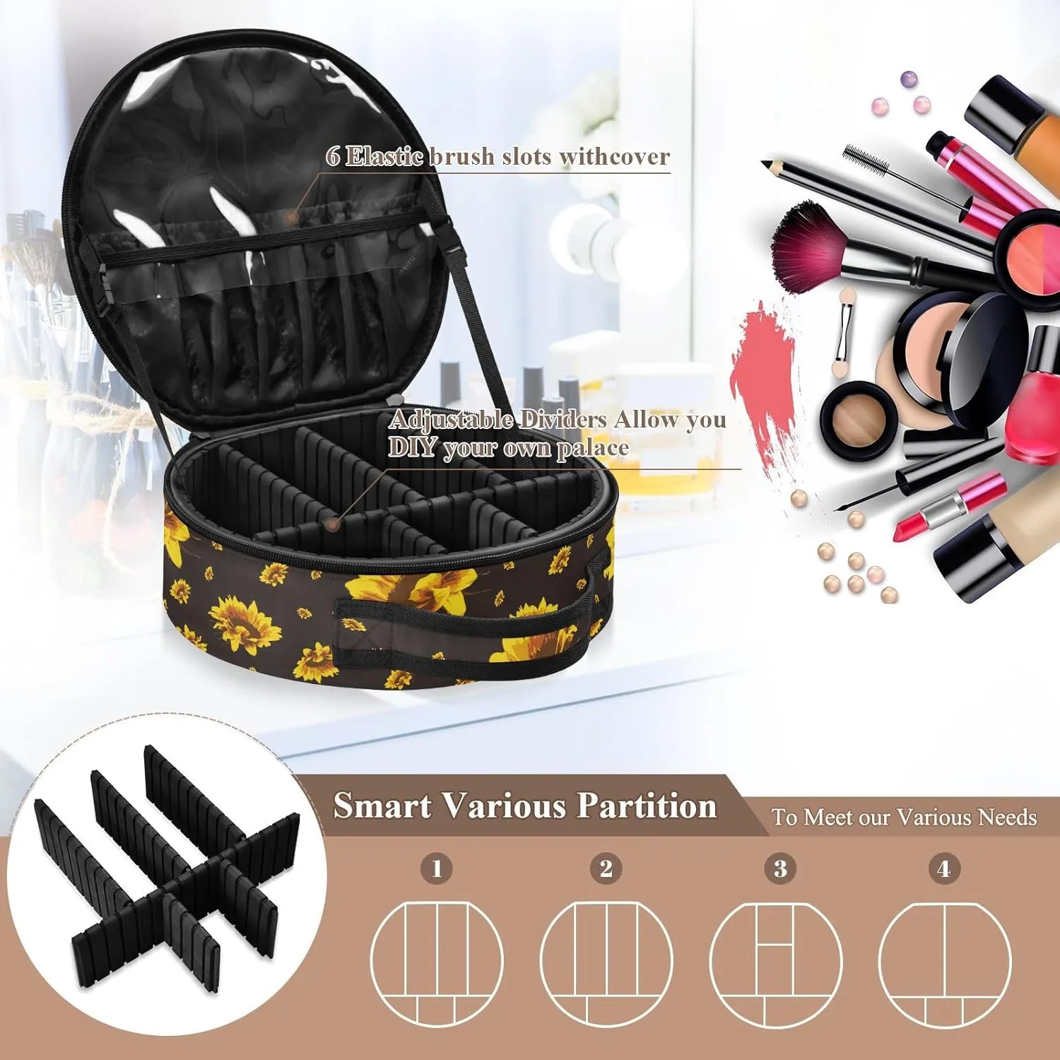 ALAZA Golden Yellow Sunflowers on A Black Travel Cosmetic Organizer Make up Organizer Toiletry Bag