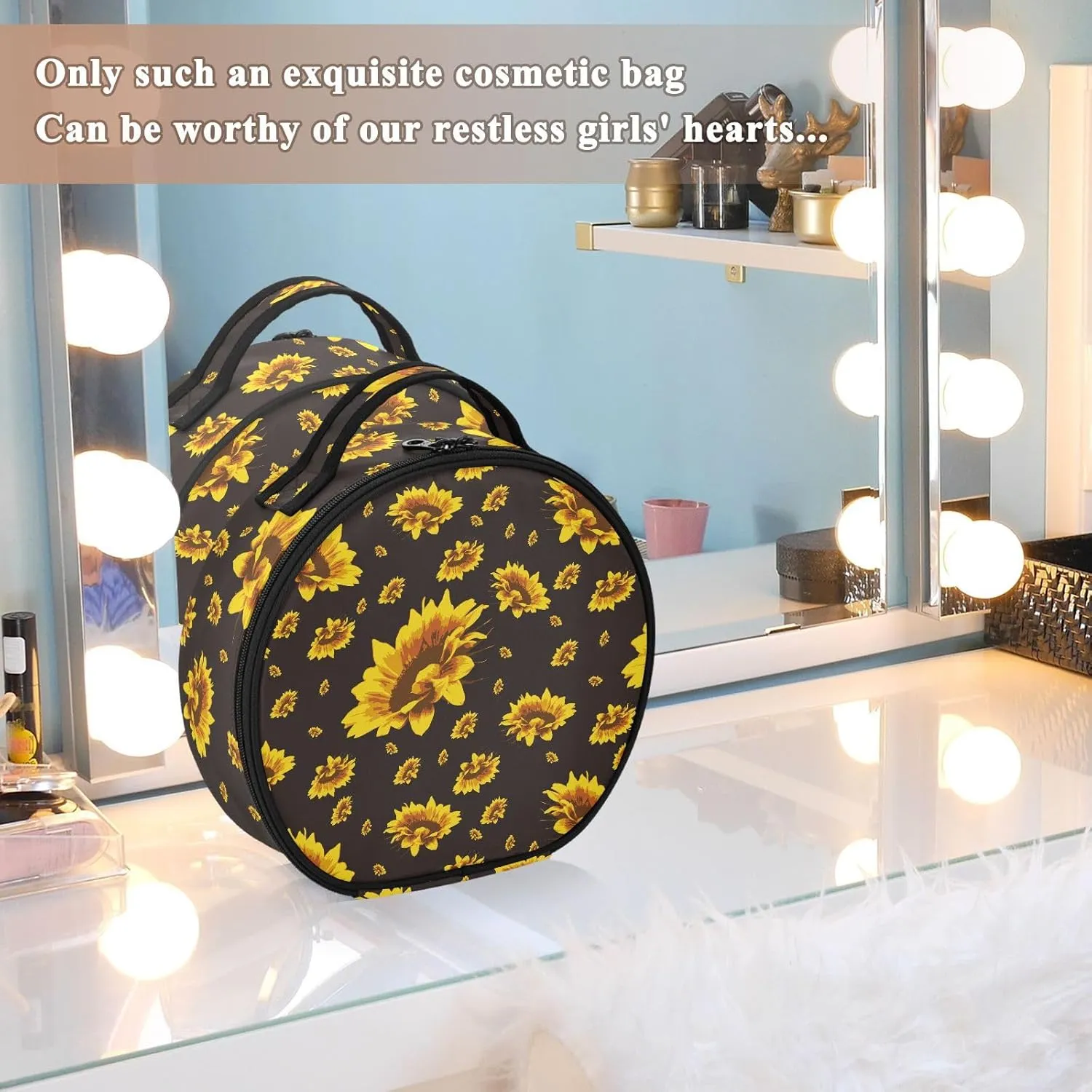 ALAZA Golden Yellow Sunflowers on A Black Travel Cosmetic Organizer Make up Organizer Toiletry Bag