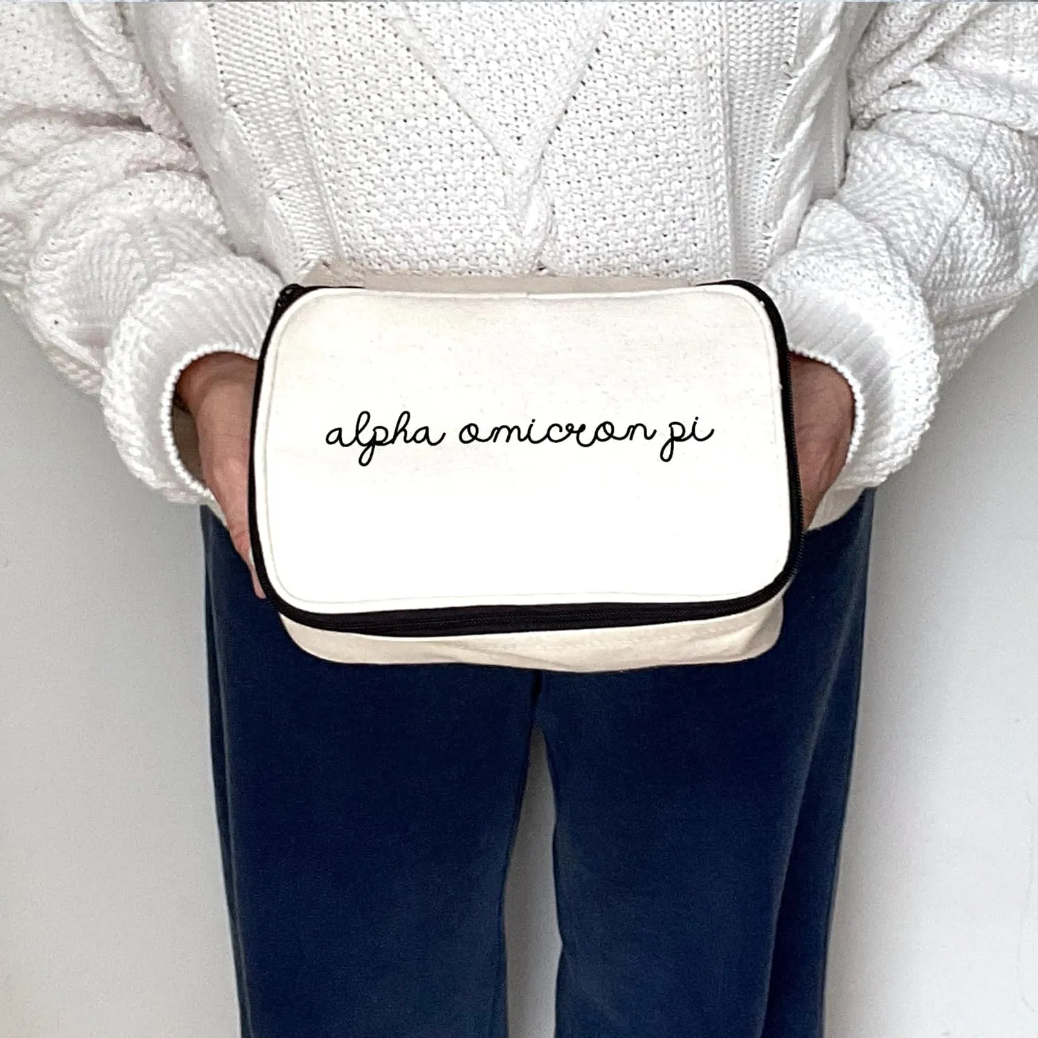 Alpha Omicron Pi Sorority Makeup Bag – Script Font Cosmetic Pouch for Big Little, Travel, Toiletries & Greek Life Gifts
