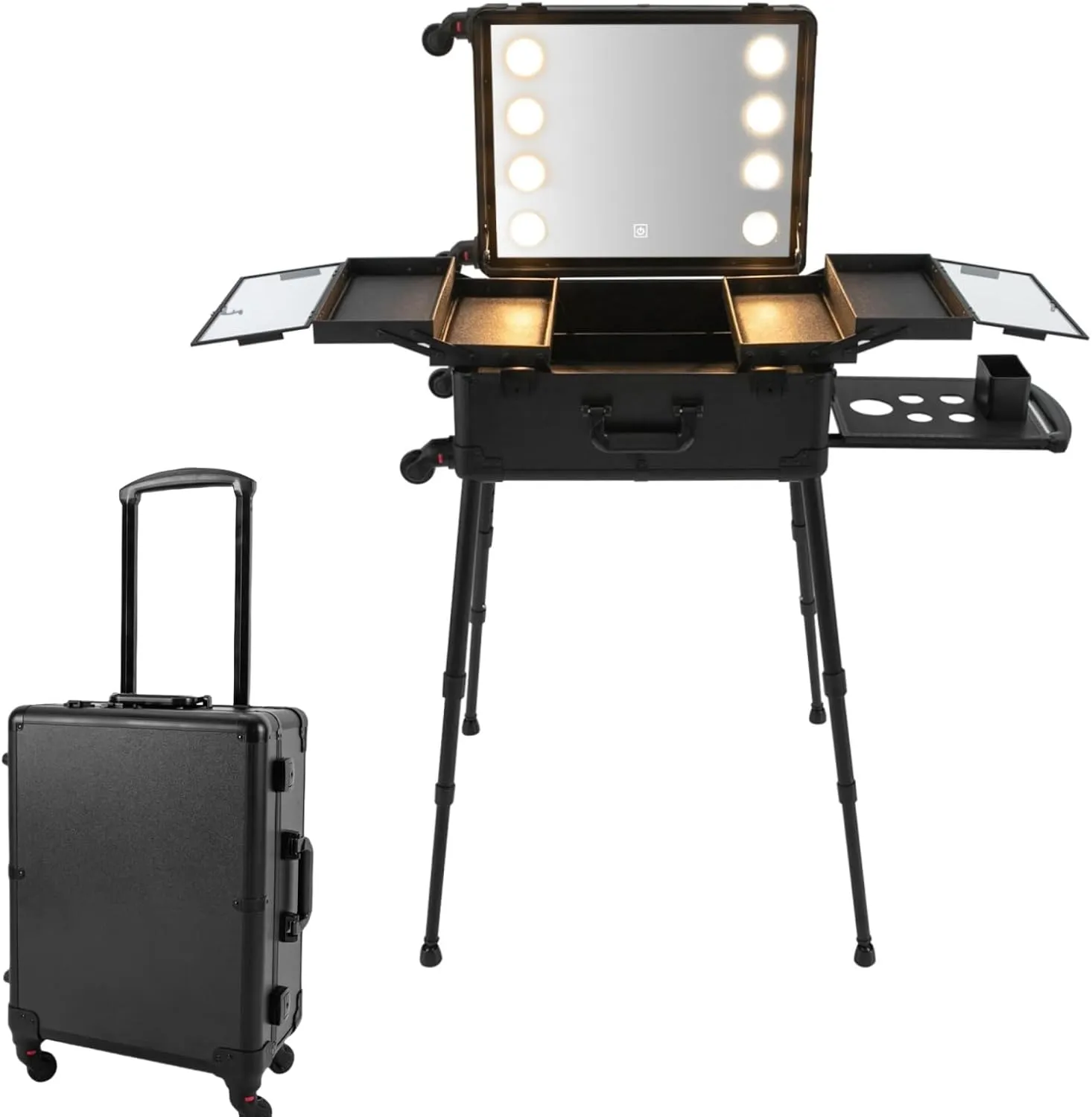 Aluminum Trolley Makeup Train Case with LED Lights, Professional Travel Cosmetic Organizer with Wheels and Adjustable Support Legs, 21'' Rolling Lighted Makeup Vanity Station (Black)