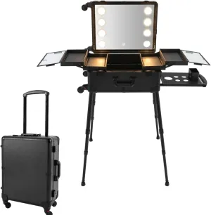 Aluminum Trolley Makeup Train Case with LED Lights, Professional Travel Cosmetic Organizer with Wheels and Adjustable Support Legs, 21'' Rolling Lighted Makeup Vanity Station (Black)