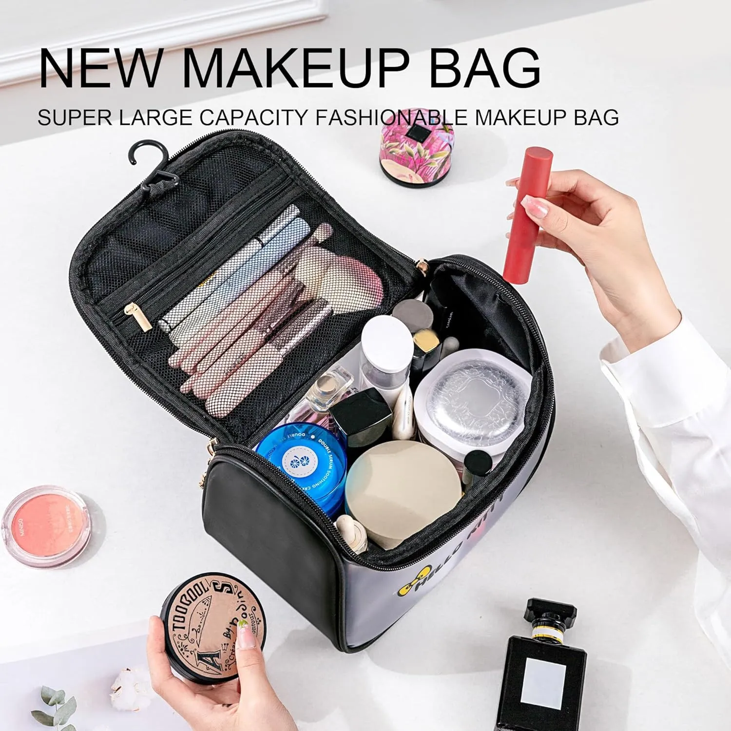 AmBealla Cosmetic Bag Large Makeup Travel Case with Brush Holder, Waterproof Makeup Bag Organizer with Hanging Hook, Travel Toiletry Bag for Women, Sweet & Stylish for Girls