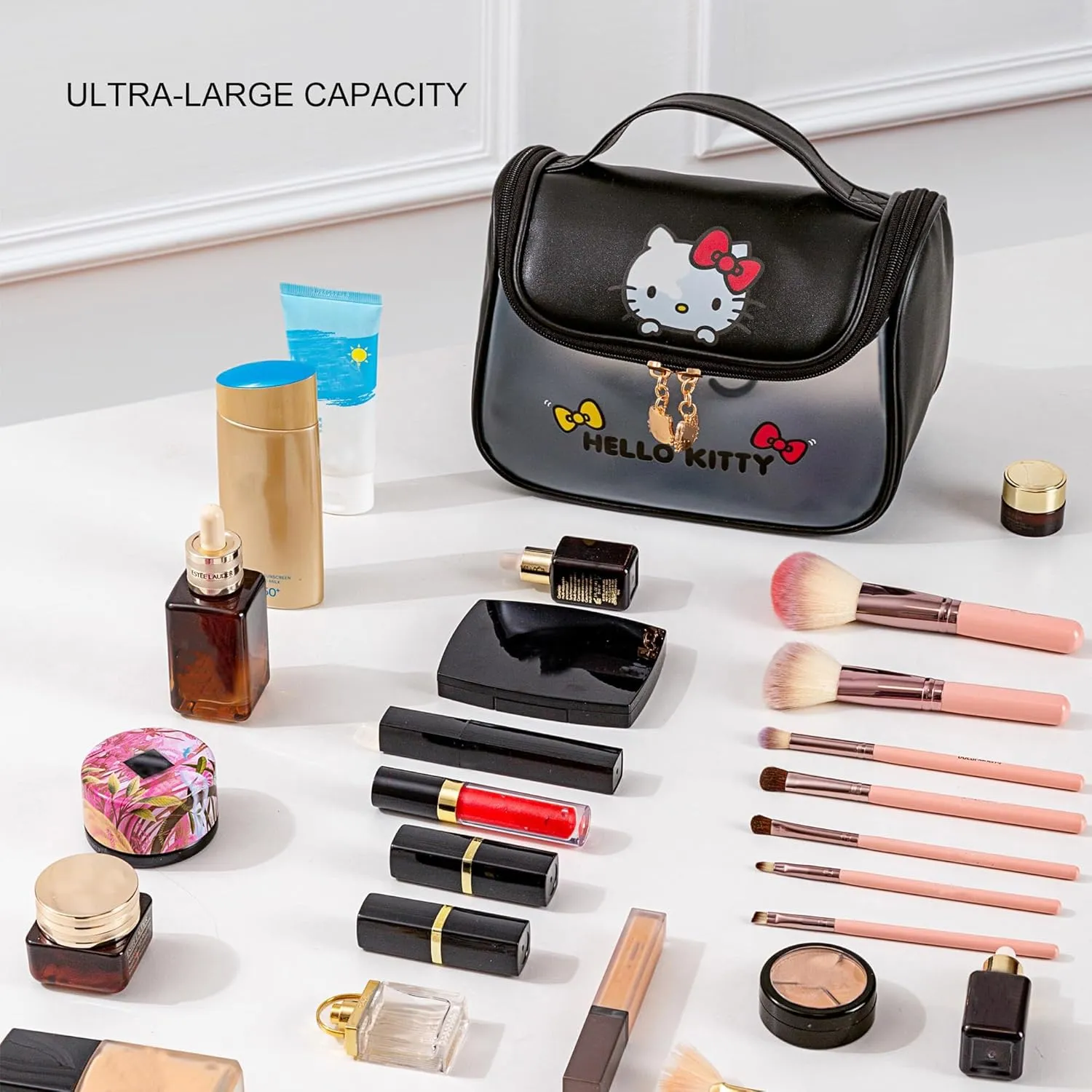 AmBealla Cosmetic Bag Large Makeup Travel Case with Brush Holder, Waterproof Makeup Bag Organizer with Hanging Hook, Travel Toiletry Bag for Women, Sweet & Stylish for Girls