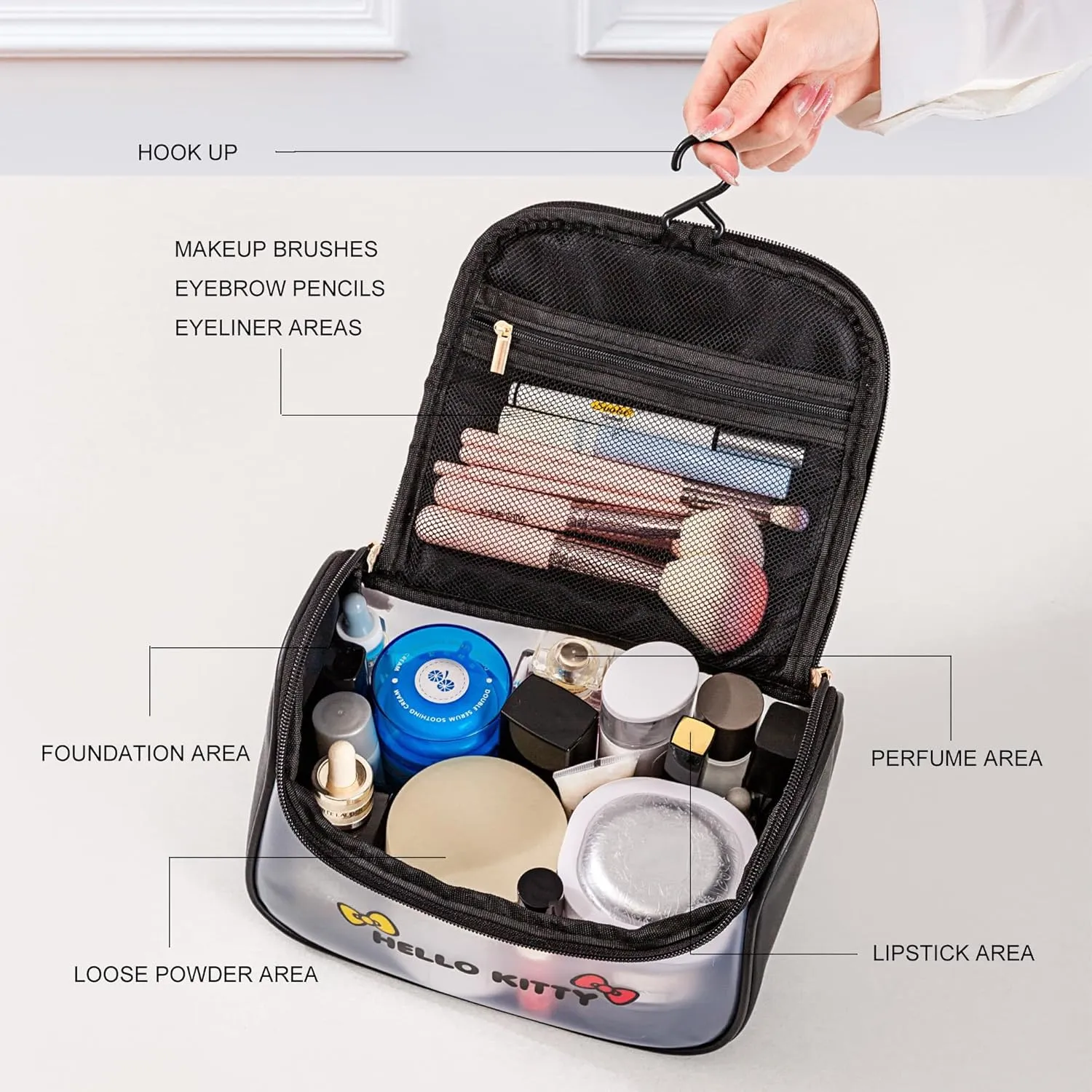 AmBealla Cosmetic Bag Large Makeup Travel Case with Brush Holder, Waterproof Makeup Bag Organizer with Hanging Hook, Travel Toiletry Bag for Women, Sweet & Stylish for Girls