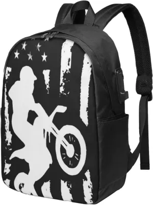 American Flag Motorcross Dirt Bike Backpack, 17 Inch Travel Business Laptop Backpack With USB Port for Women Men
