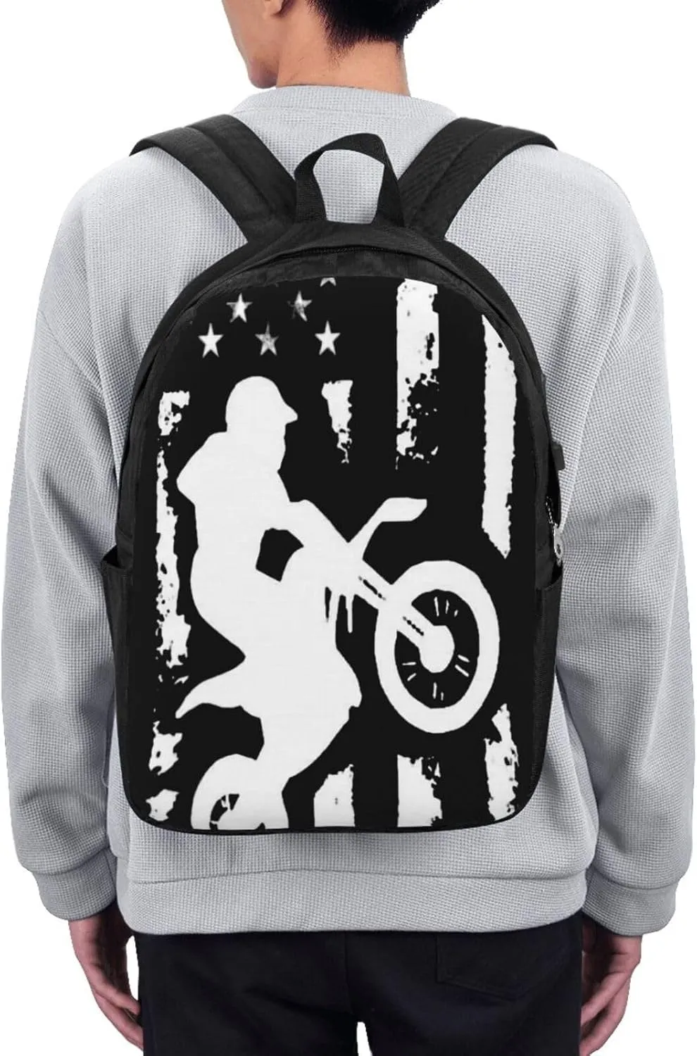 American Flag Motorcross Dirt Bike Backpack, 17 Inch Travel Business Laptop Backpack With USB Port for Women Men