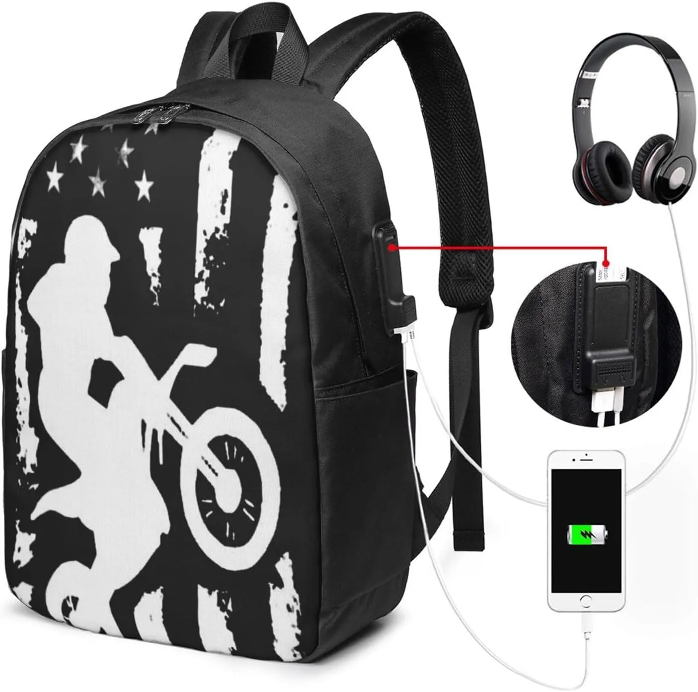 American Flag Motorcross Dirt Bike Backpack, 17 Inch Travel Business Laptop Backpack With USB Port for Women Men