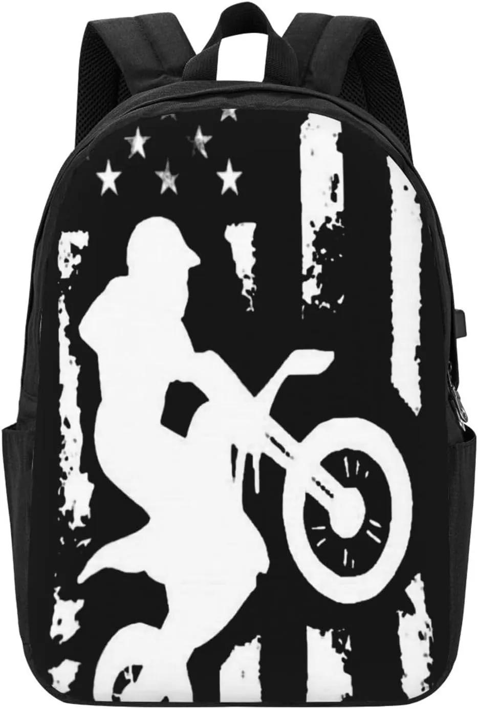 American Flag Motorcross Dirt Bike Backpack, 17 Inch Travel Business Laptop Backpack With USB Port for Women Men