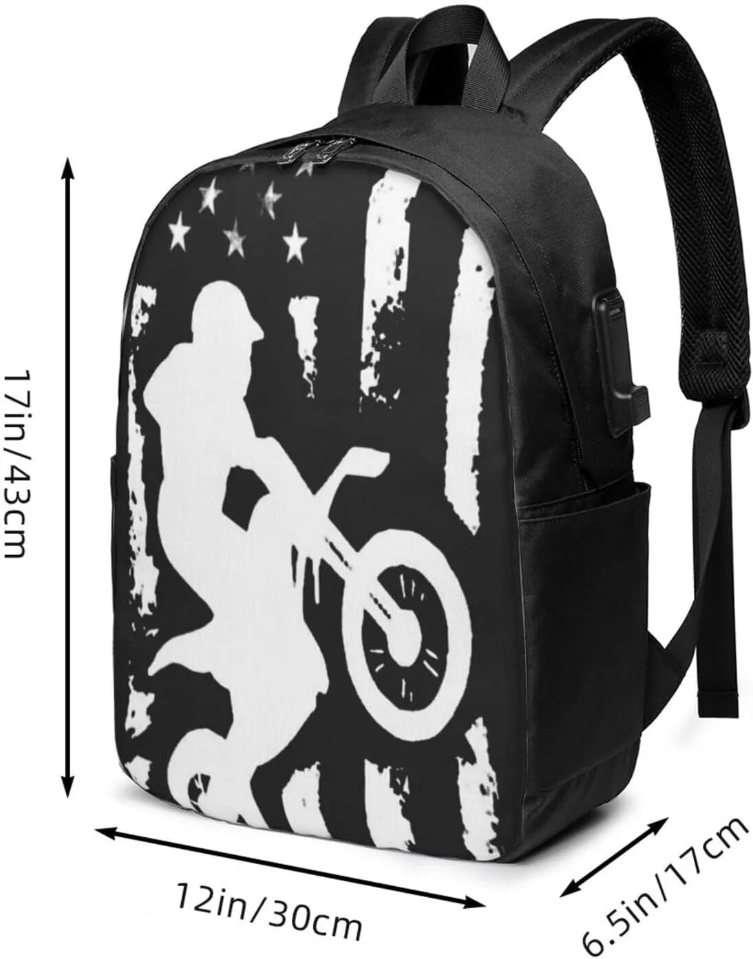 American Flag Motorcross Dirt Bike Backpack, 17 Inch Travel Business Laptop Backpack With USB Port for Women Men