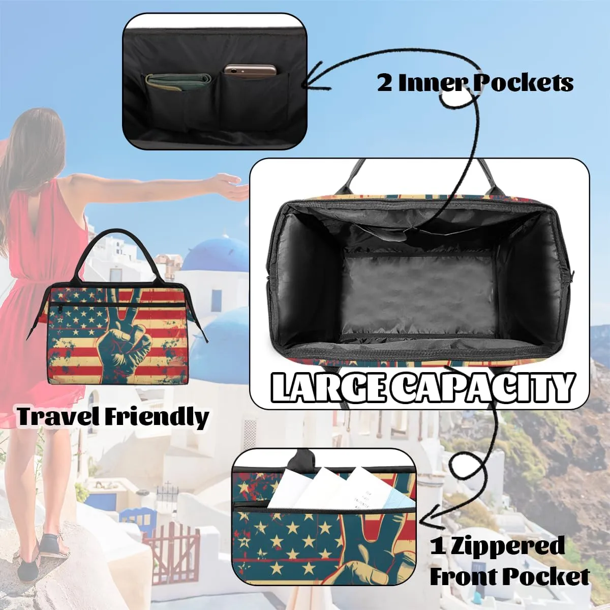 American Flag Peace Sign Weekender Overnight Bag for Women Waterproof Carry On Travel Duffle Bags with Pocket Lightweight Sports Gym Tote Bag Large Luggage Workout Personal Item Hospital Bags