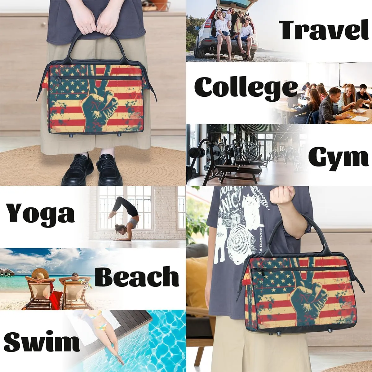 American Flag Peace Sign Weekender Overnight Bag for Women Waterproof Carry On Travel Duffle Bags with Pocket Lightweight Sports Gym Tote Bag Large Luggage Workout Personal Item Hospital Bags