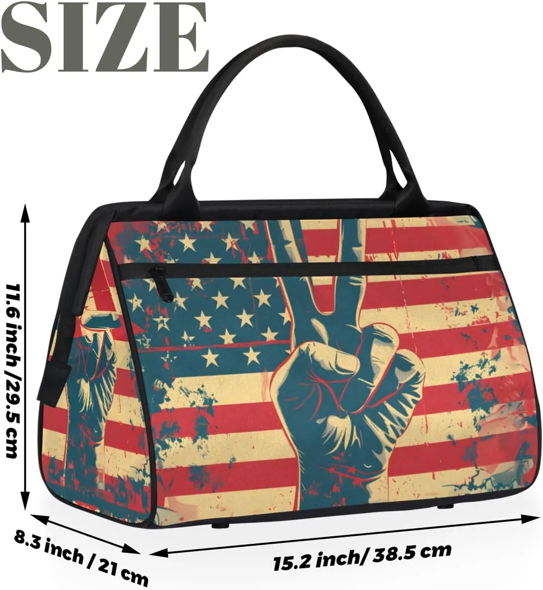 American Flag Peace Sign Weekender Overnight Bag for Women Waterproof Carry On Travel Duffle Bags with Pocket Lightweight Sports Gym Tote Bag Large Luggage Workout Personal Item Hospital Bags