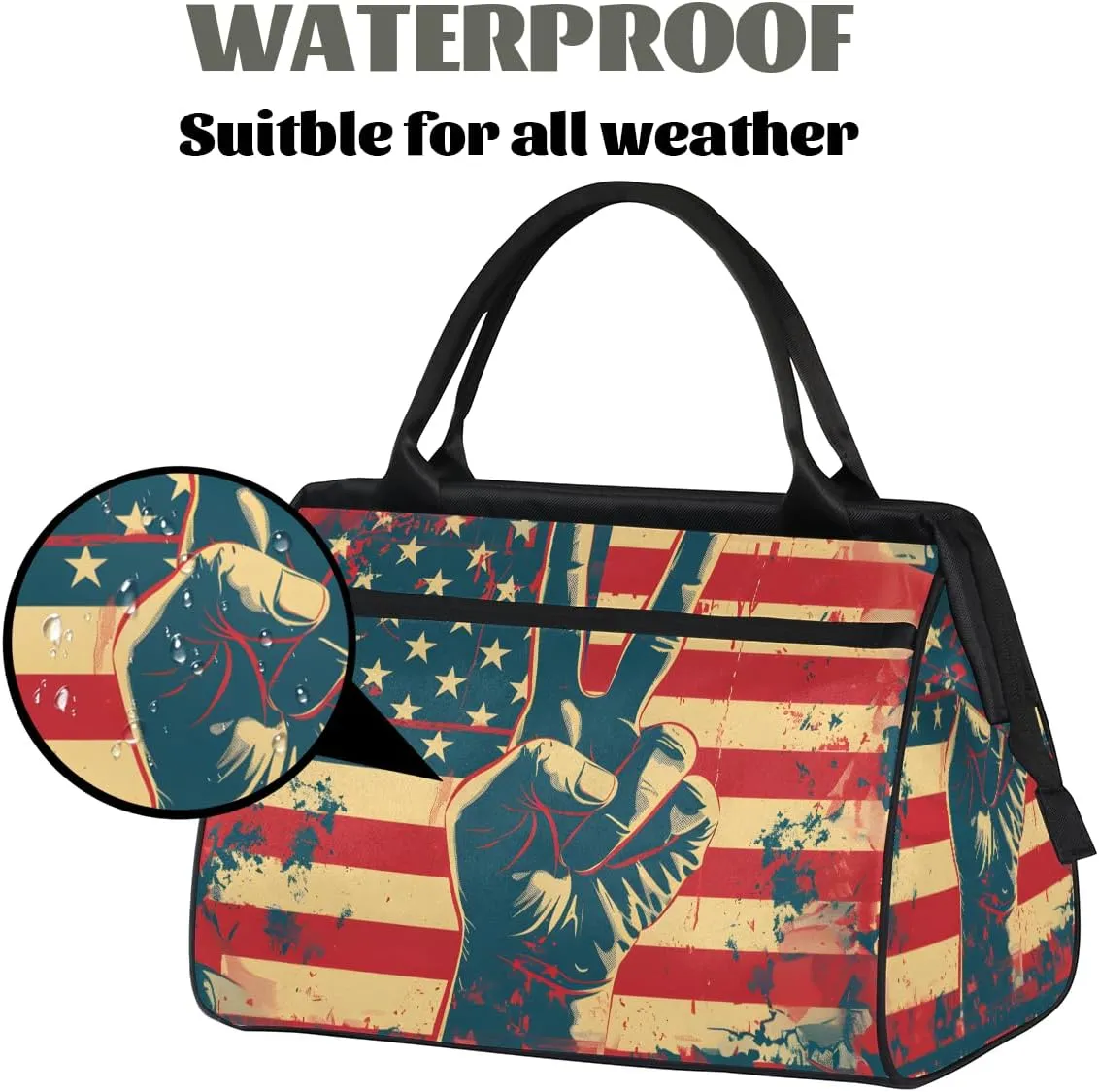 American Flag Peace Sign Weekender Overnight Bag for Women Waterproof Carry On Travel Duffle Bags with Pocket Lightweight Sports Gym Tote Bag Large Luggage Workout Personal Item Hospital Bags