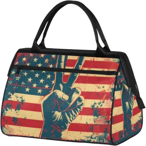 American Flag Peace Sign Weekender Overnight Bag for Women Waterproof Carry On Travel Duffle Bags with Pocket Lightweight Sports Gym Tote Bag Large Luggage Workout Personal Item Hospital Bags
