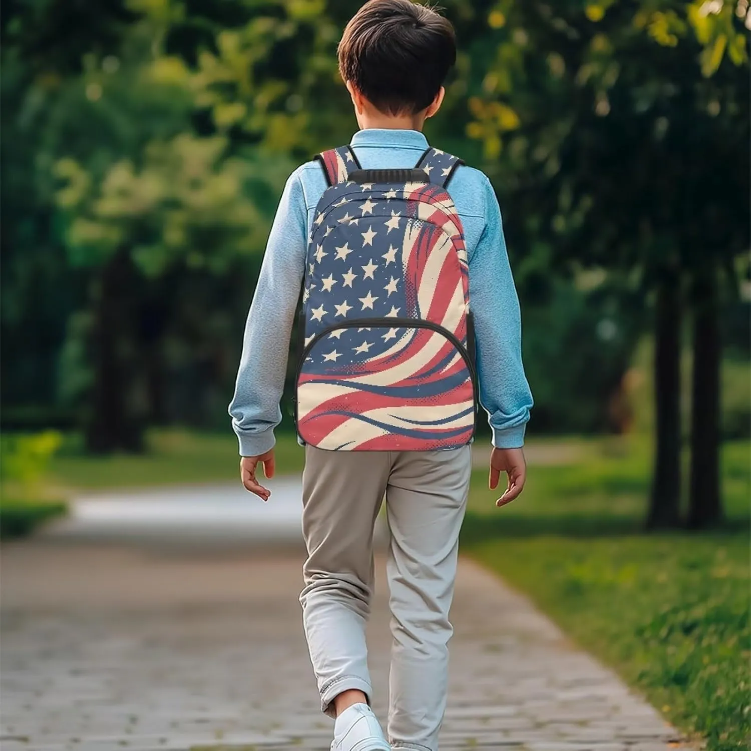 American Flag Print Travelbackpack Stylish Computer Backpacks for Laptops Ergonomic Shoulder Straps Daypacks Book Bag Supplies for Children