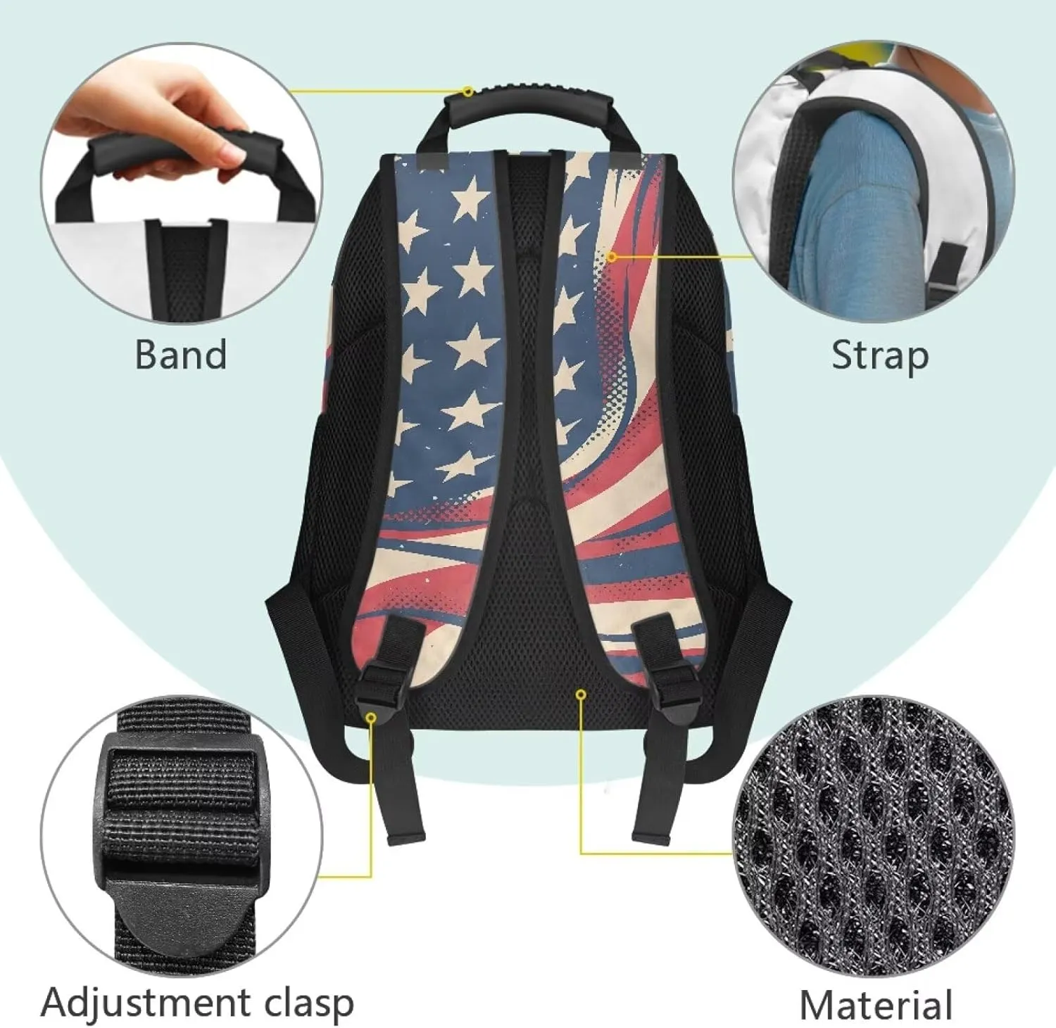 American Flag Print Travelbackpack Stylish Computer Backpacks for Laptops Ergonomic Shoulder Straps Daypacks Book Bag Supplies for Children