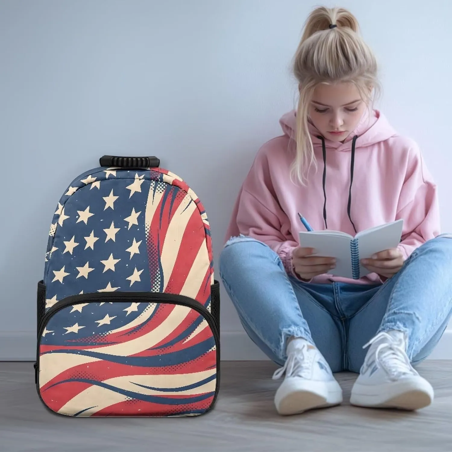 American Flag Print Travelbackpack Stylish Computer Backpacks for Laptops Ergonomic Shoulder Straps Daypacks Book Bag Supplies for Children