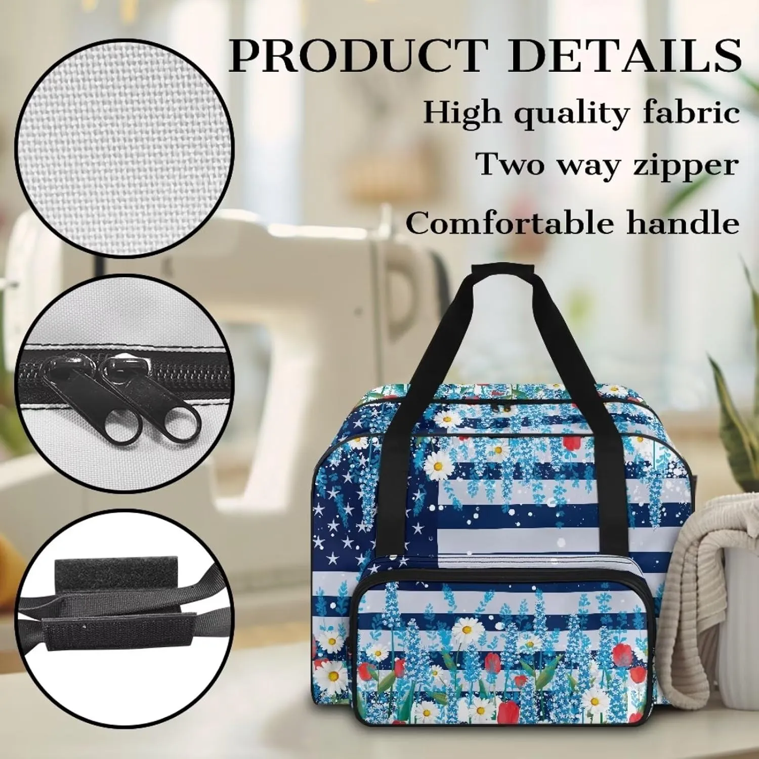 American Flag Universal Sewing Machine Case with Storage Pocket & Handle Compatible with Serger Brother Sewing Machines Measuring 19.7" X 9.8" X 13" Sewing Machine Case