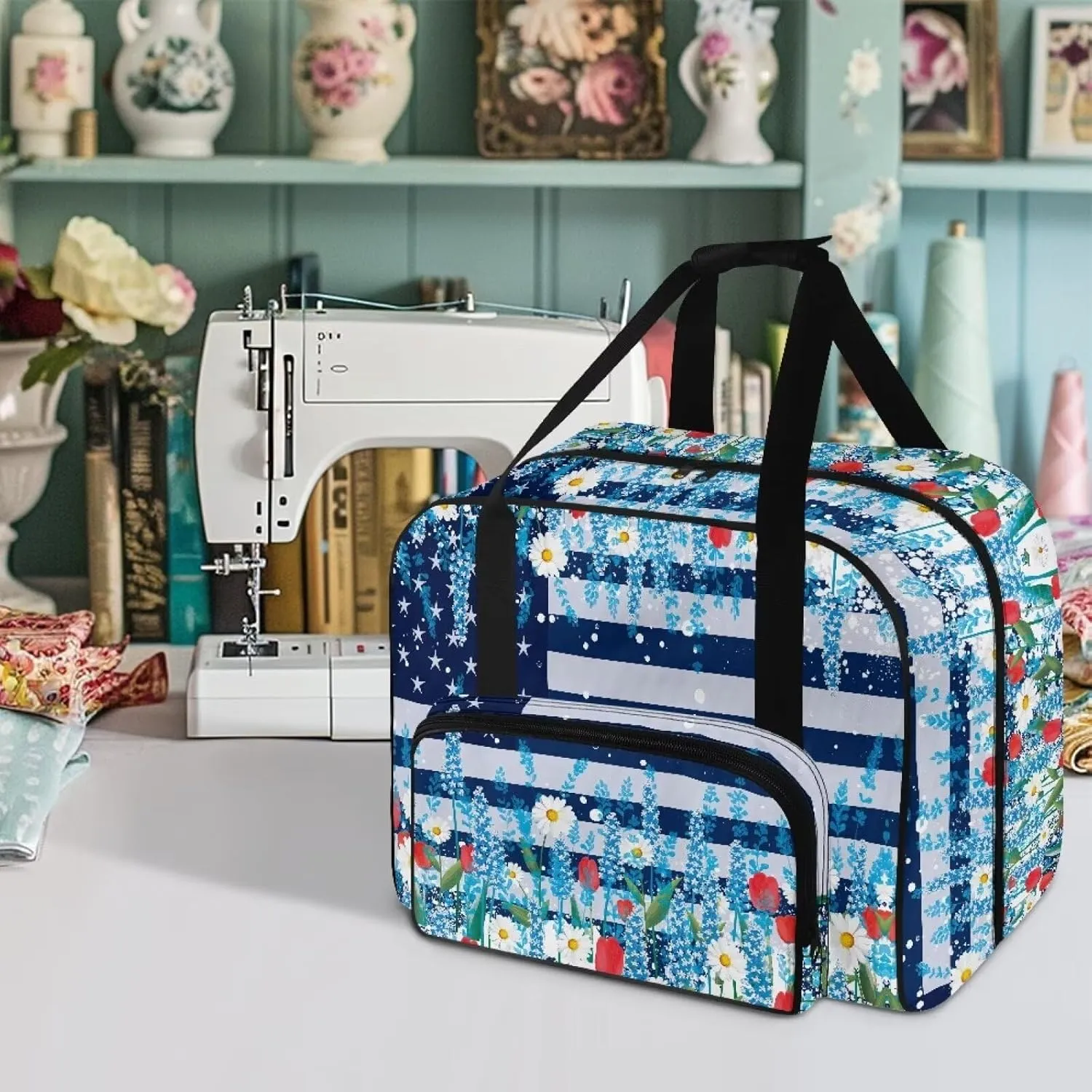 American Flag Universal Sewing Machine Case with Storage Pocket & Handle Compatible with Serger Brother Sewing Machines Measuring 19.7" X 9.8" X 13" Sewing Machine Case
