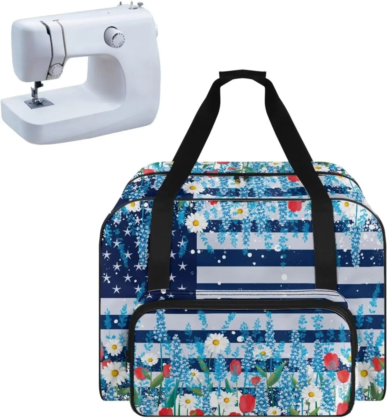 American Flag Universal Sewing Machine Case with Storage Pocket & Handle Compatible with Serger Brother Sewing Machines Measuring 19.7" X 9.8" X 13" Sewing Machine Case