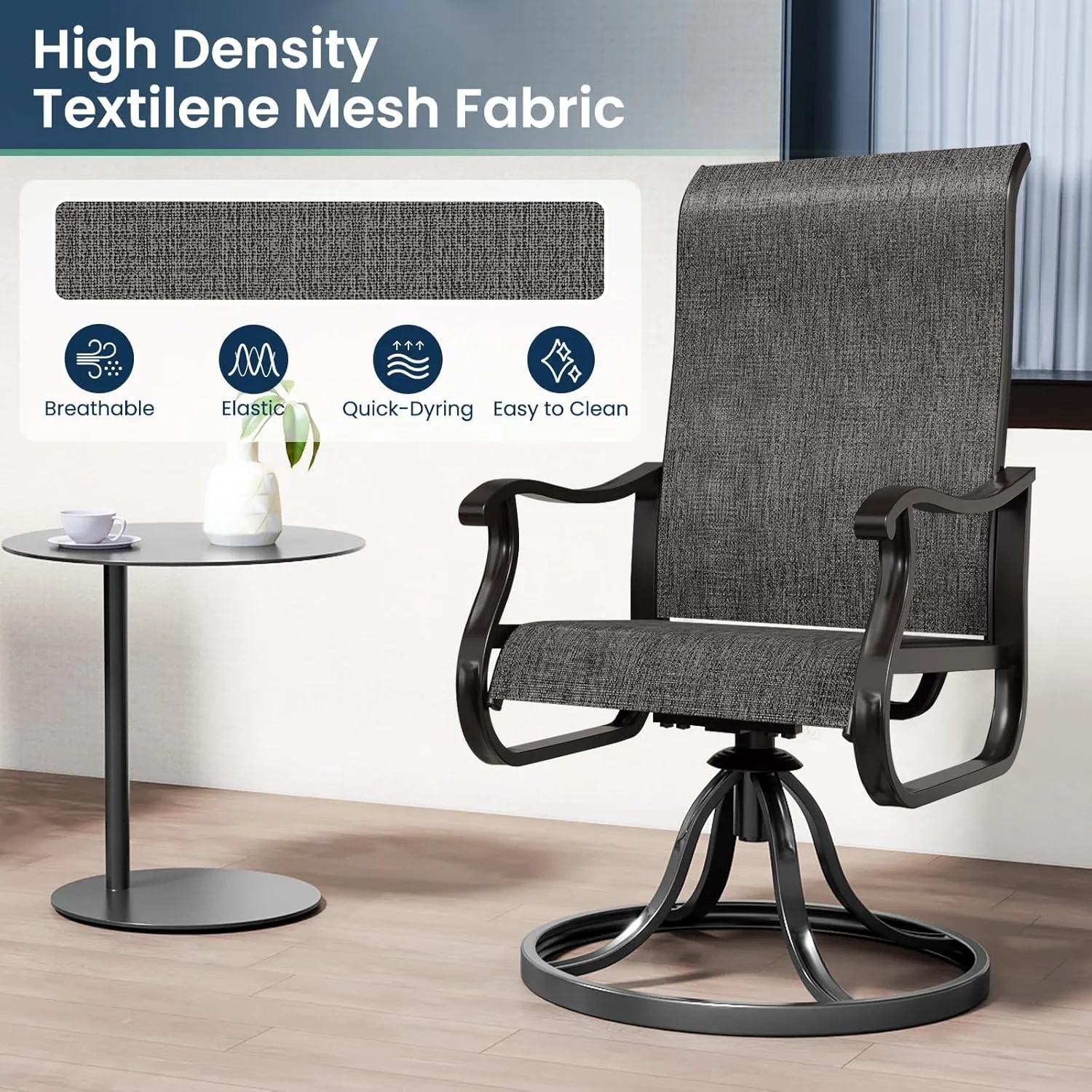 Amopatio Patio Swivel Chairs Set of 6, Outdoor Swivel Rocker Dining Chairs with All Weather Textilene High Back & Metal Frame, for Backyard Deck Lawn Garden (Dark Grey)