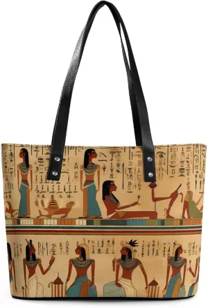 Ancient Egypt Hieroglyphics Print Pharaoh Women's Tote Bag Leather Purse Shoulder Handbag Portable Shopping Bag for Travel Office