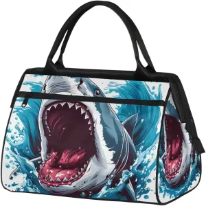 Angry Sharks Womens Weekender Overnight Bag Ocean Animal Travel Duffel Bag Wide Open 25L Carry On Tote Bag Gym Duffle Bag for Women Teen Girls