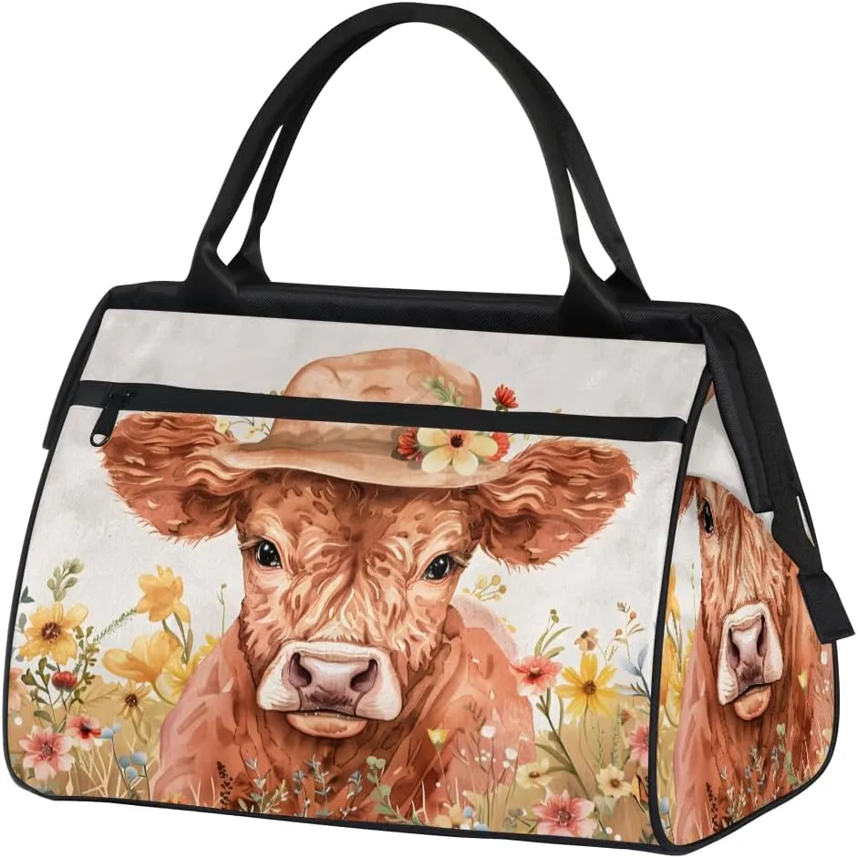 Animal Alpine Cattle Flowers Weekender Overnight Bag for Women Waterproof Carry On Travel Duffle Bags with Pocket Lightweight Sports Gym Tote Bag Large Luggage Workout Personal Item Hospital Bags