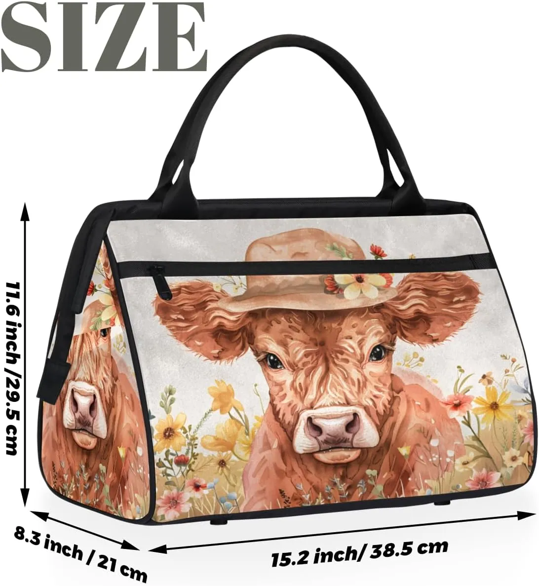 Animal Alpine Cattle Flowers Weekender Overnight Bag for Women Waterproof Carry On Travel Duffle Bags with Pocket Lightweight Sports Gym Tote Bag Large Luggage Workout Personal Item Hospital Bags
