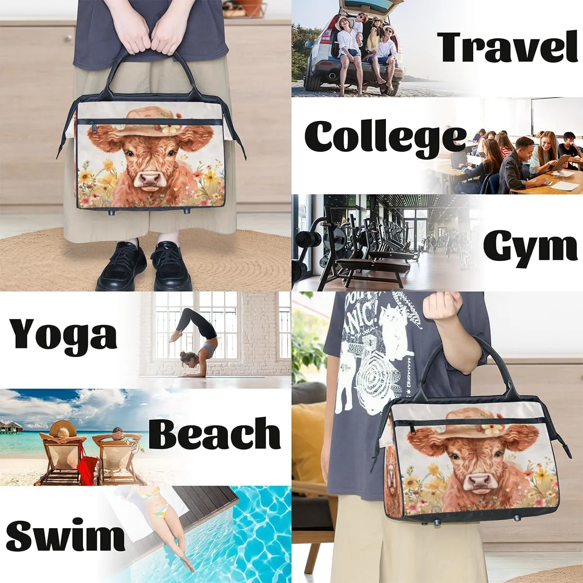 Animal Alpine Cattle Flowers Weekender Overnight Bag for Women Waterproof Carry On Travel Duffle Bags with Pocket Lightweight Sports Gym Tote Bag Large Luggage Workout Personal Item Hospital Bags