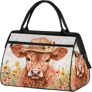 Animal Alpine Cattle Flowers Weekender Overnight Bag for Women Waterproof Carry On Travel Duffle Bags with Pocket Lightweight Sports Gym Tote Bag Large Luggage Workout Personal Item Hospital Bags