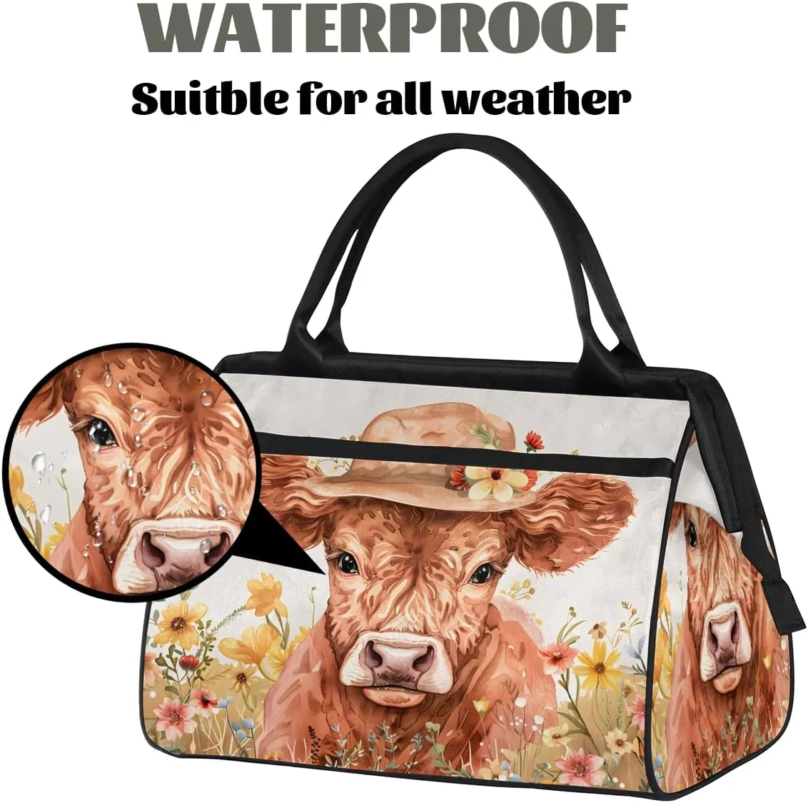 Animal Alpine Cattle Flowers Weekender Overnight Bag for Women Waterproof Carry On Travel Duffle Bags with Pocket Lightweight Sports Gym Tote Bag Large Luggage Workout Personal Item Hospital Bags