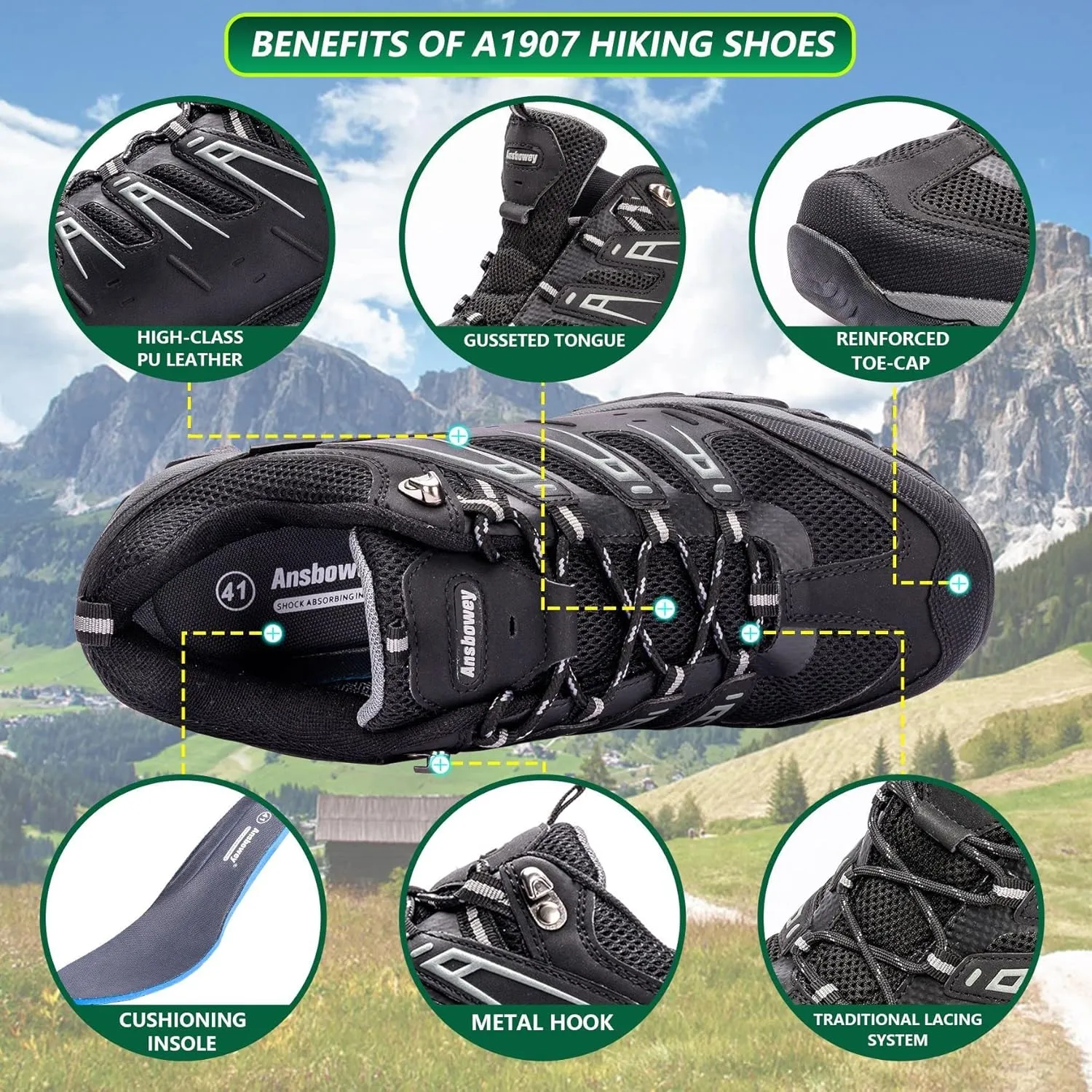 Ansbowey Hiking Shoes Men's Waterproof Low Top Lightweight Breathable Non-Slip Trekking Trail Outdoor Sport Sneakers for Unisex-Adults 6.5 US