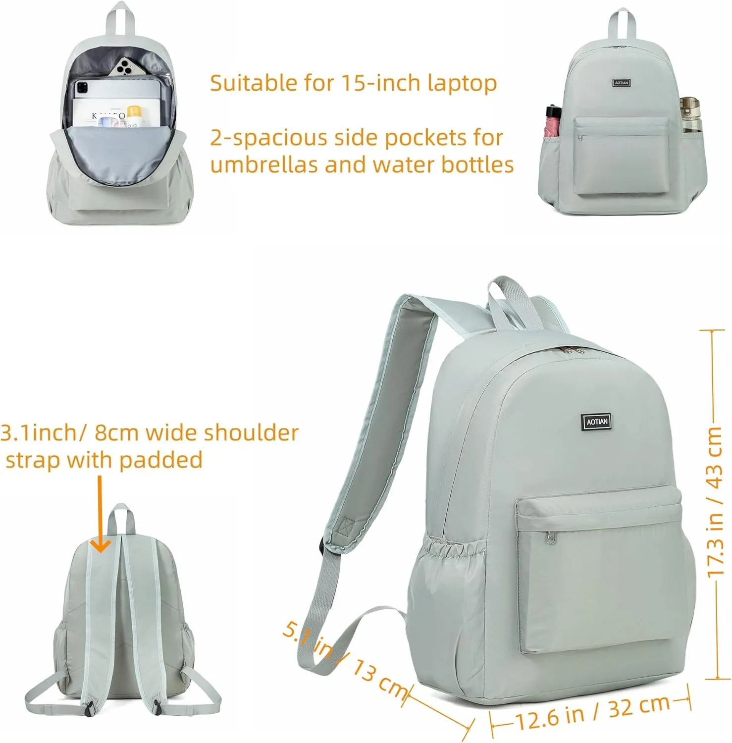 AOTIAN 17-Inch Water-Resistant Nylon Backpack, Durable Lightweight Bookbag, Daypack for College, Work, Travel & Hiking