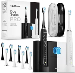 Aquasonic Duo PRO – Ultra Whitening 40,000 VPM Electric ToothBrushes – ADA Accepted - 5 Modes with Smart Timers - UV Sanitizing & Wireless Charging Base - 10 Proflex Brush Heads & 2 Travel Cases