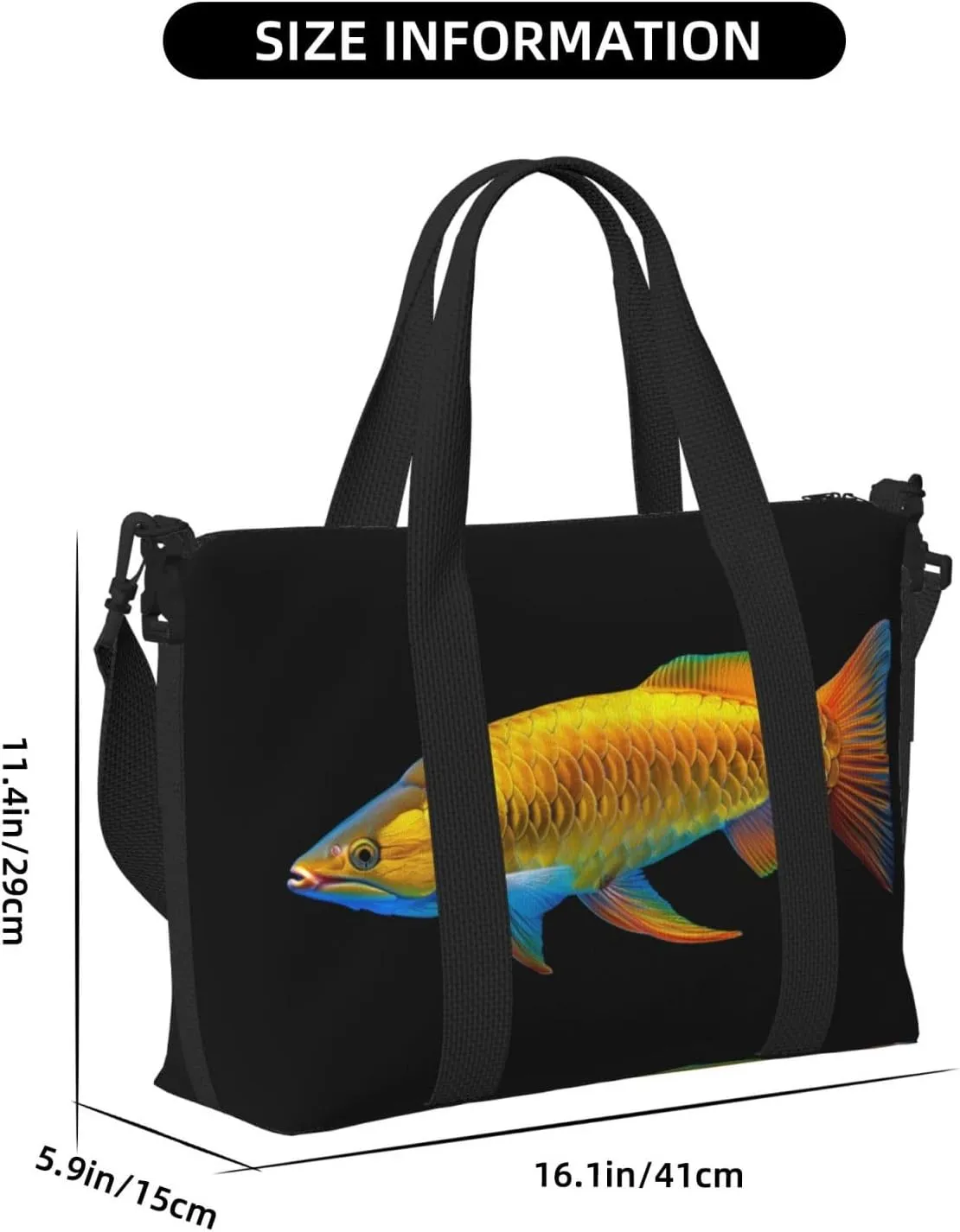 Arowana glowing yellow with print Travel Duffel Bag, Sports Tote Gym Bag, Swim Pool Bag Large Shoulder Tote Bag for Beach Weekender