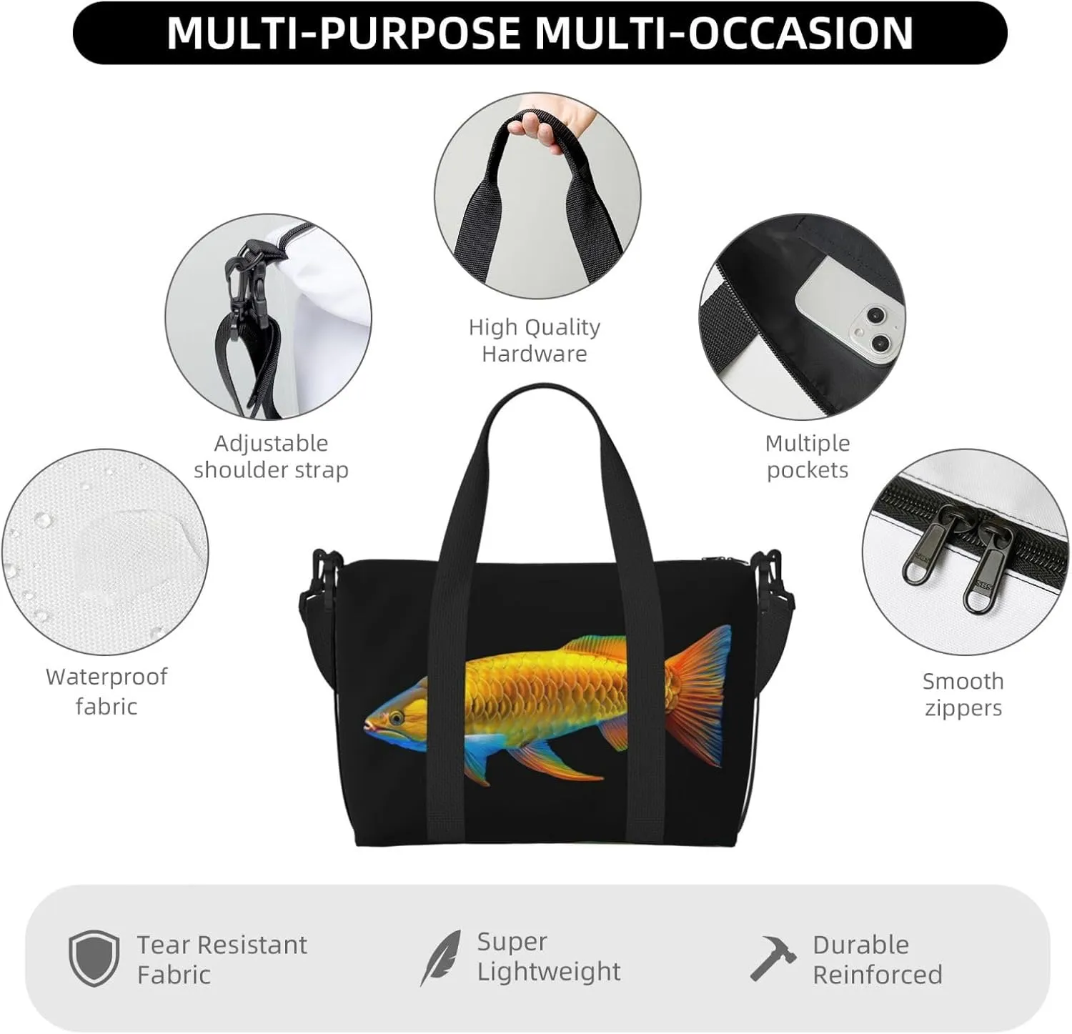 Arowana glowing yellow with print Travel Duffel Bag, Sports Tote Gym Bag, Swim Pool Bag Large Shoulder Tote Bag for Beach Weekender