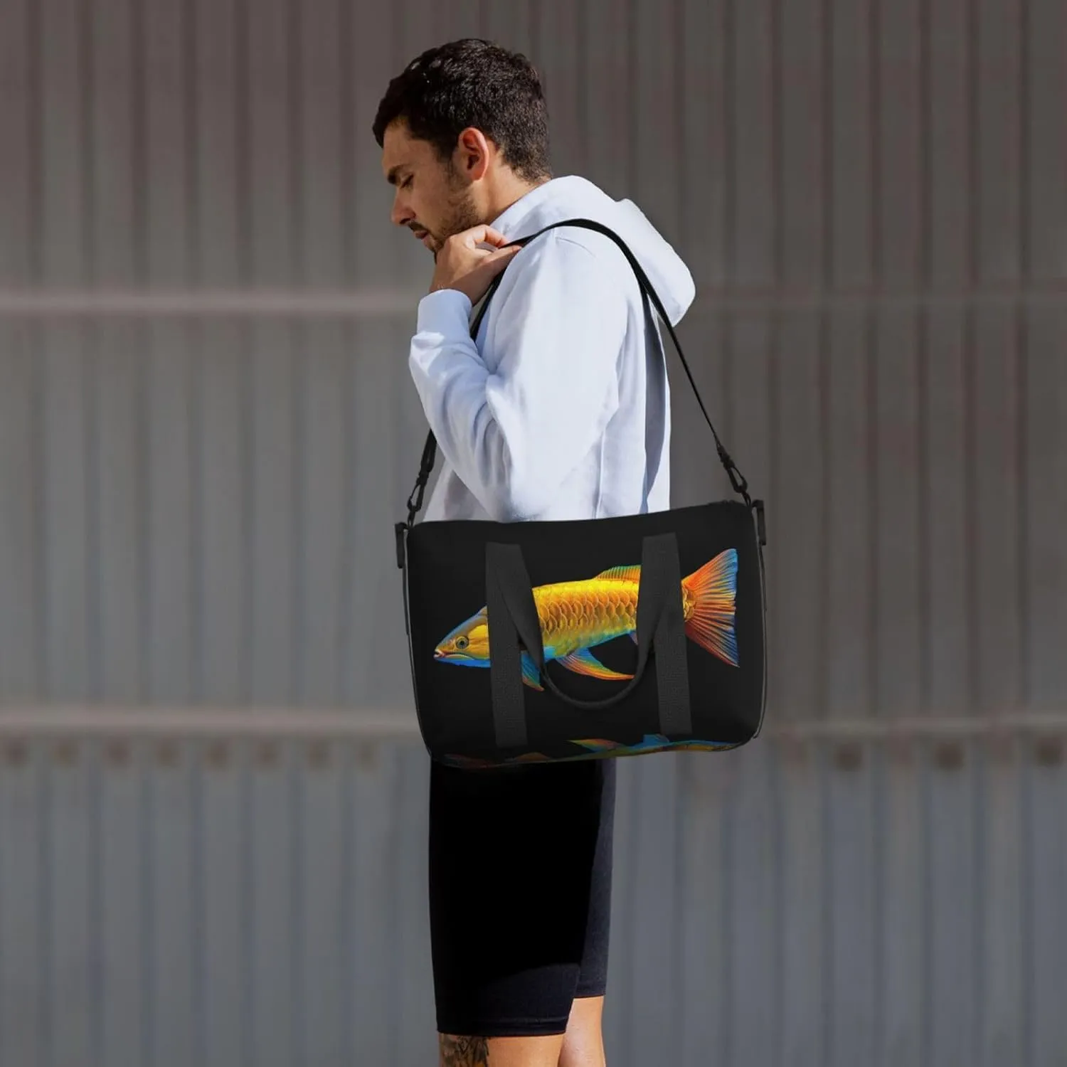 Arowana glowing yellow with print Travel Duffel Bag, Sports Tote Gym Bag, Swim Pool Bag Large Shoulder Tote Bag for Beach Weekender