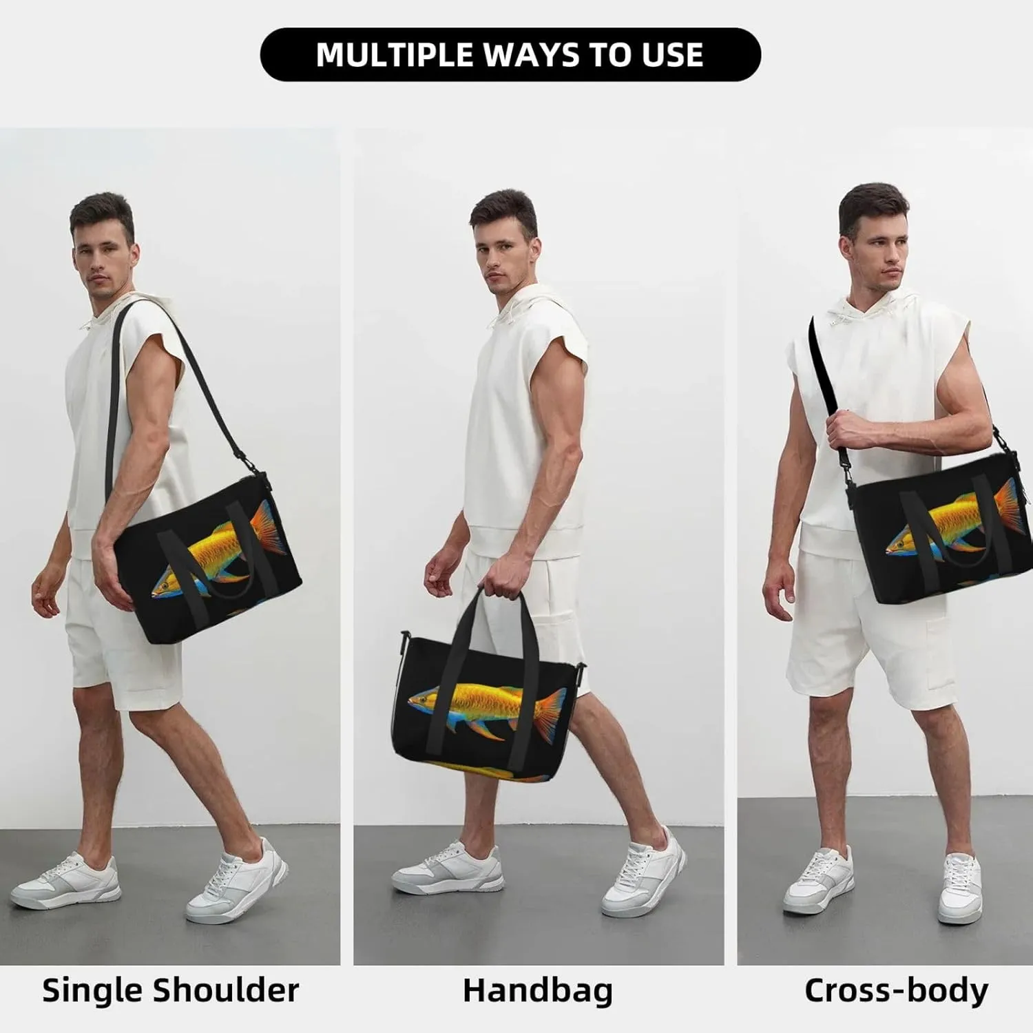 Arowana glowing yellow with print Travel Duffel Bag, Sports Tote Gym Bag, Swim Pool Bag Large Shoulder Tote Bag for Beach Weekender