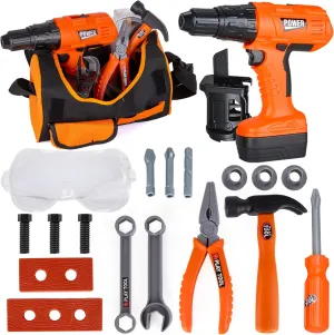 ArtCreativity Power Drill Tool Set for Kids - Pretend Playset with 2-in-1 Toy Drill with Lights, Sounds, Motion - Includes Toy Hammer, Pliers, Bolts, Screwdriver and More - Sturdy Bag for Storage