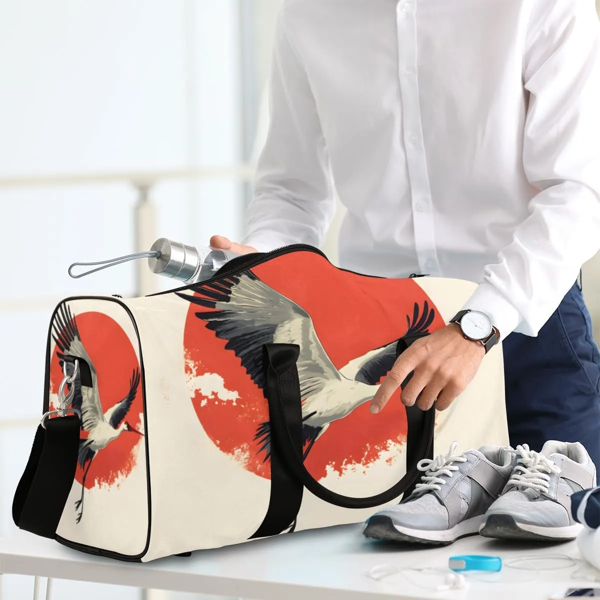 Asian Crane Travel Duffle Bag for Women Men Gym Duffel Foldable Bag Waterproof Weekender Japanese Style Duffle Tote