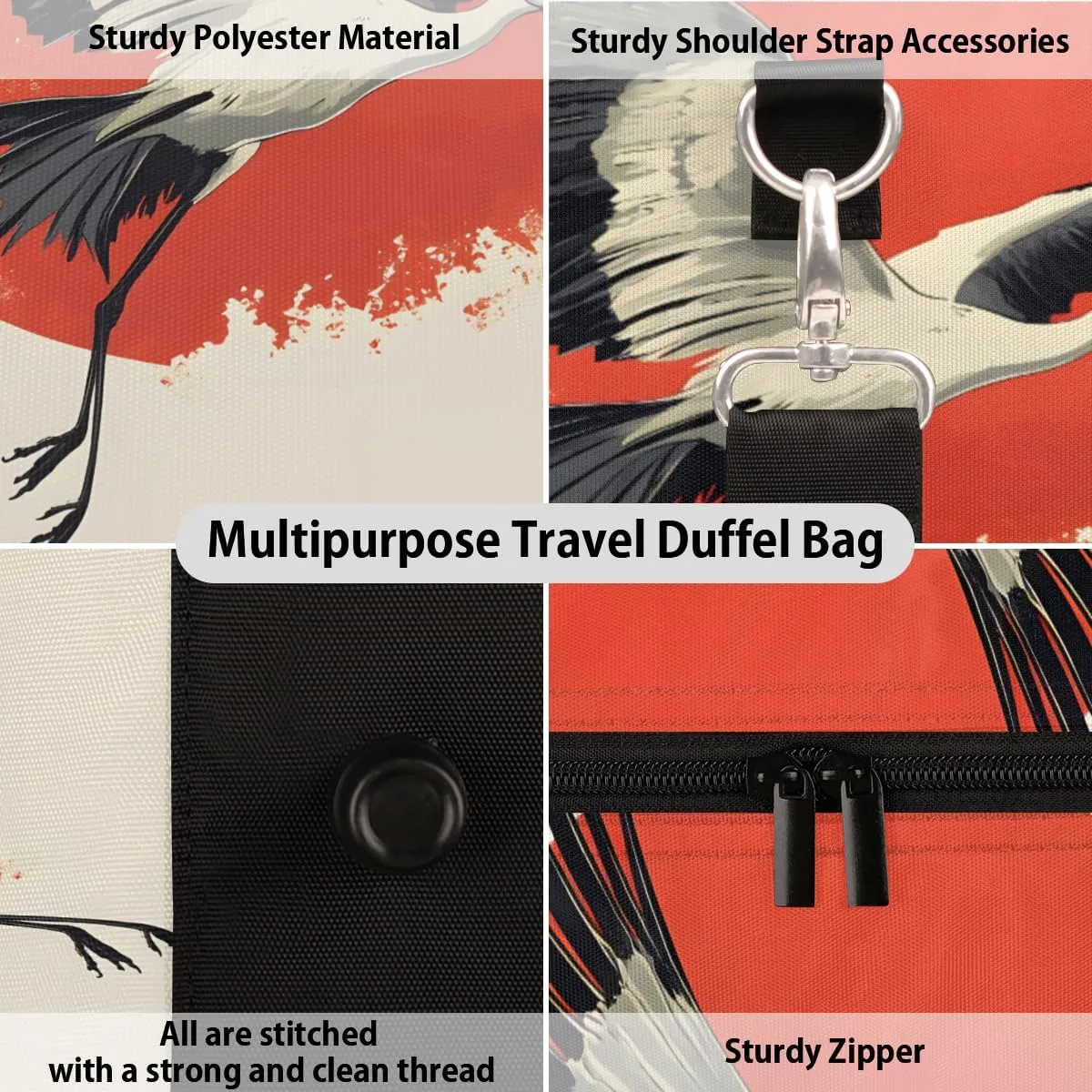 Asian Crane Travel Duffle Bag for Women Men Gym Duffel Foldable Bag Waterproof Weekender Japanese Style Duffle Tote